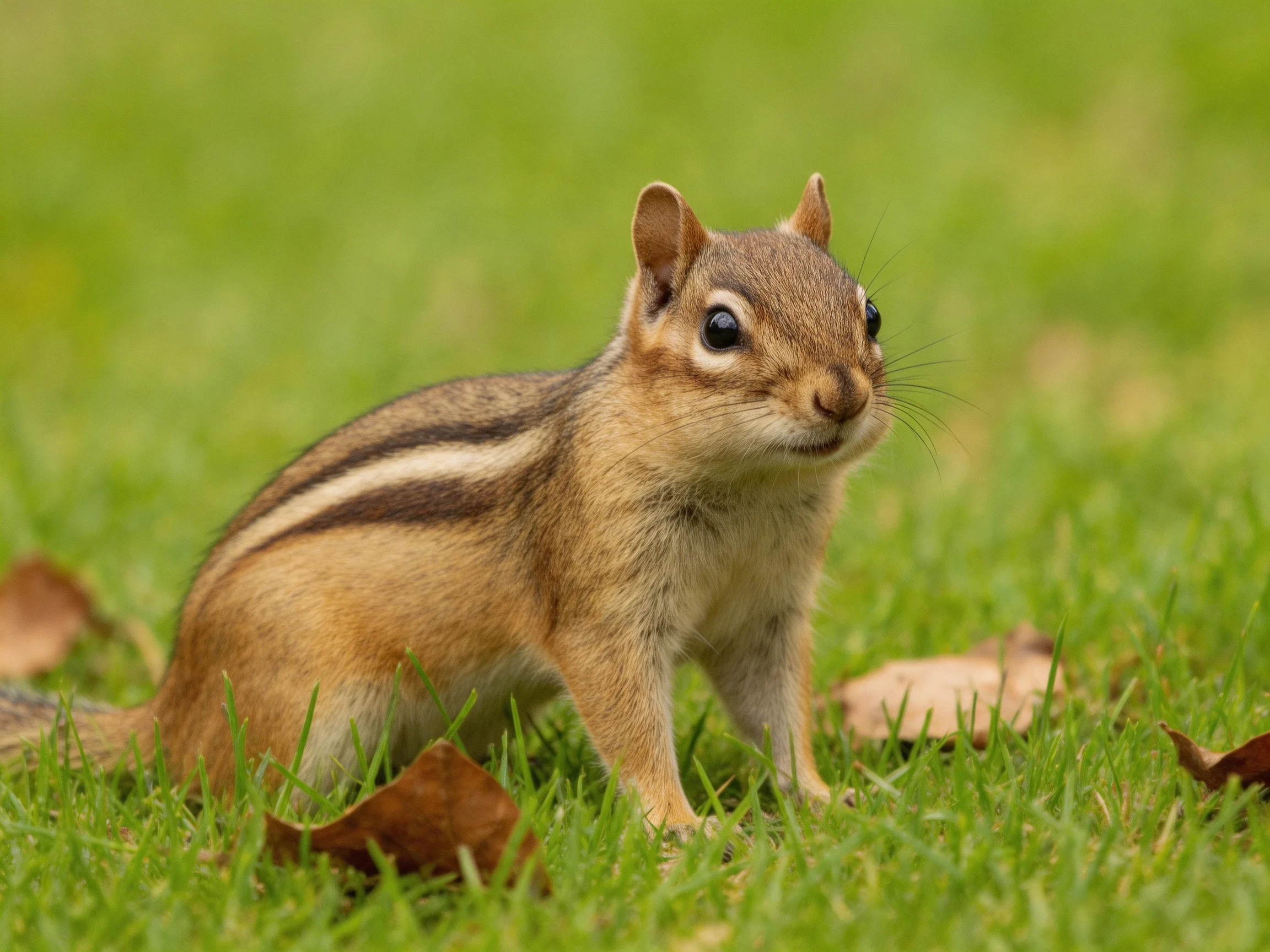 A small brown - striped chipmunk on lush green grass