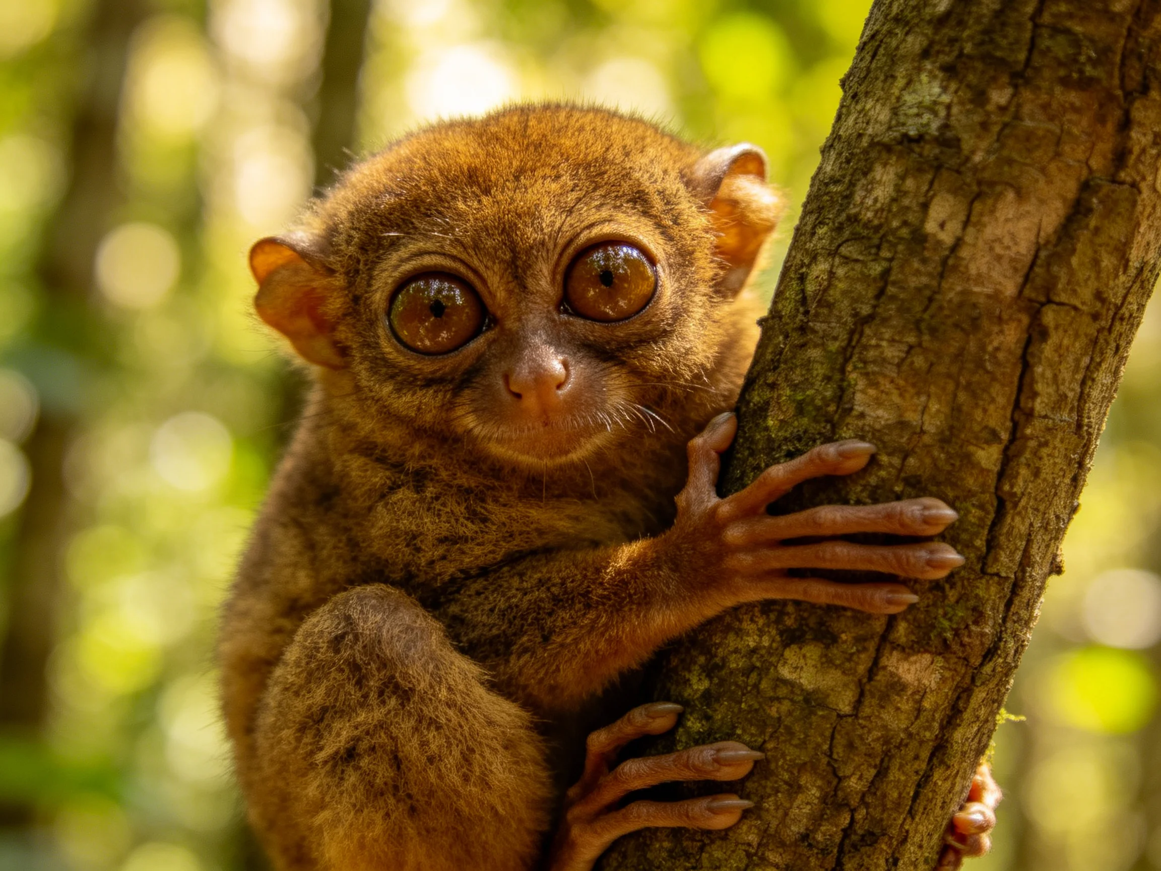 A small brown tarsier clings tightly to a textured tree trunk amid bright foliage