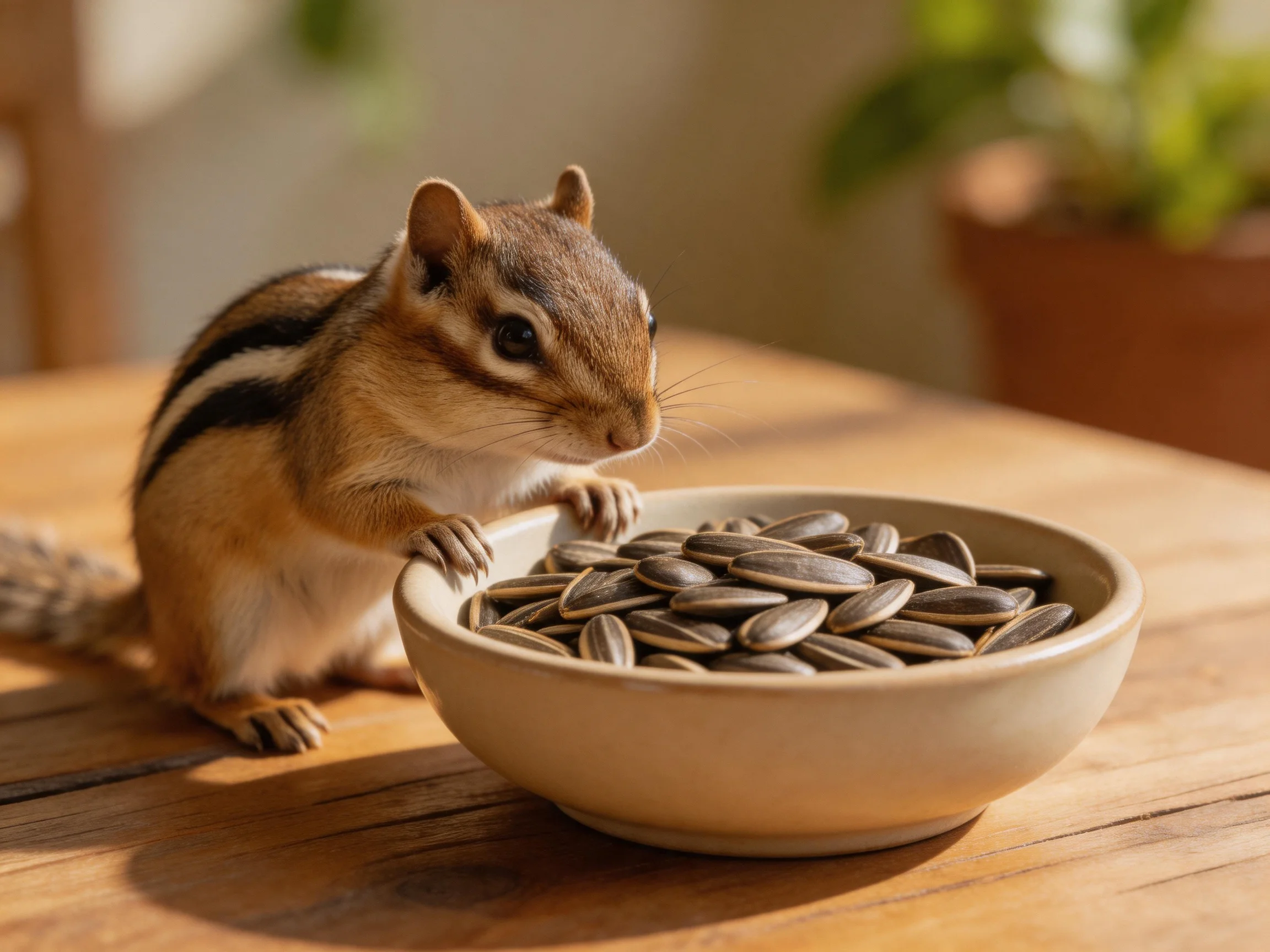 A small chipmunk examines a bowl of sunflower seeds on a wooden table