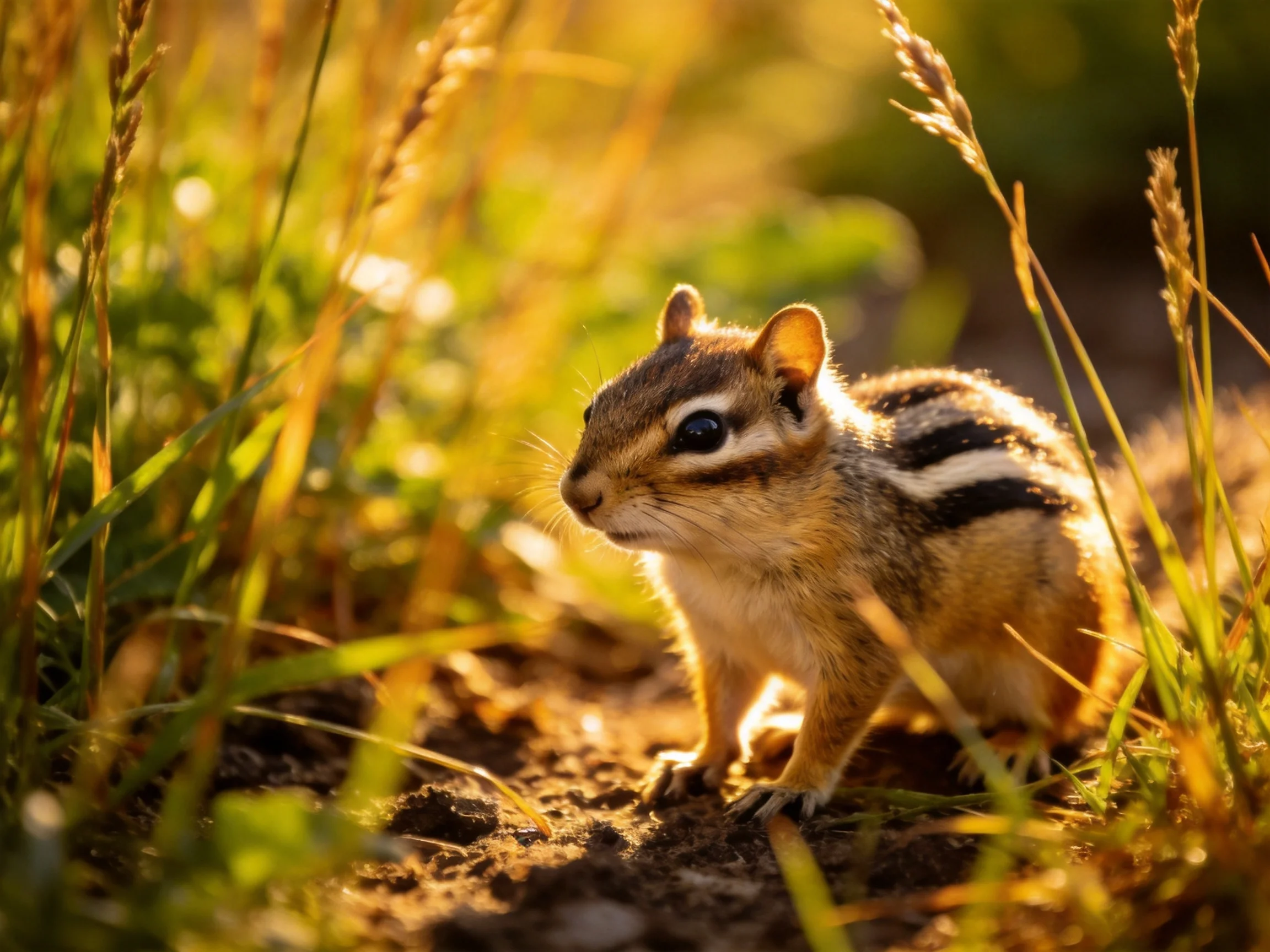 A small chipmunk in golden sunlight among tall green grasses