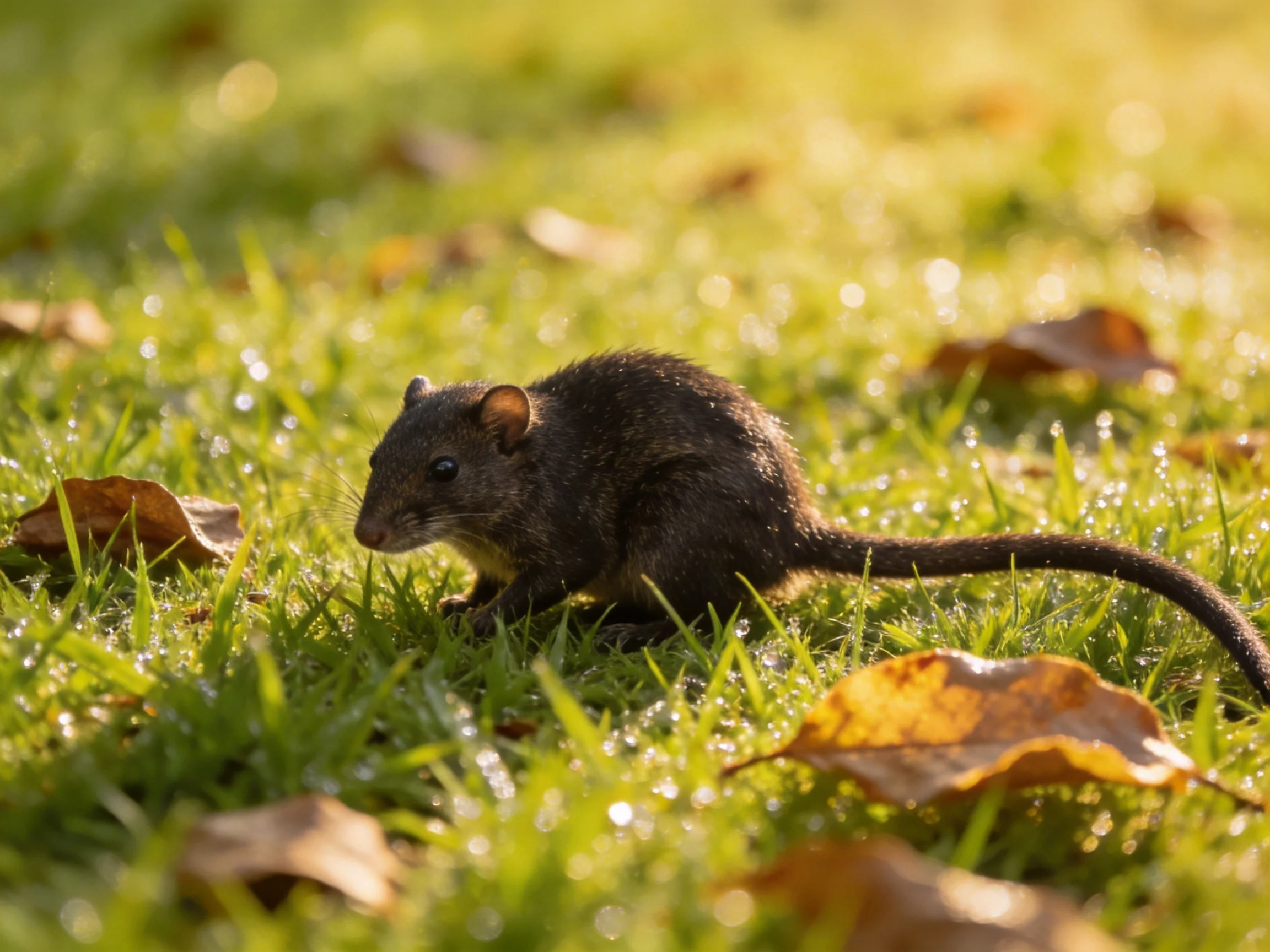 A small dark rodent explores dewy green grass with fallen leaves