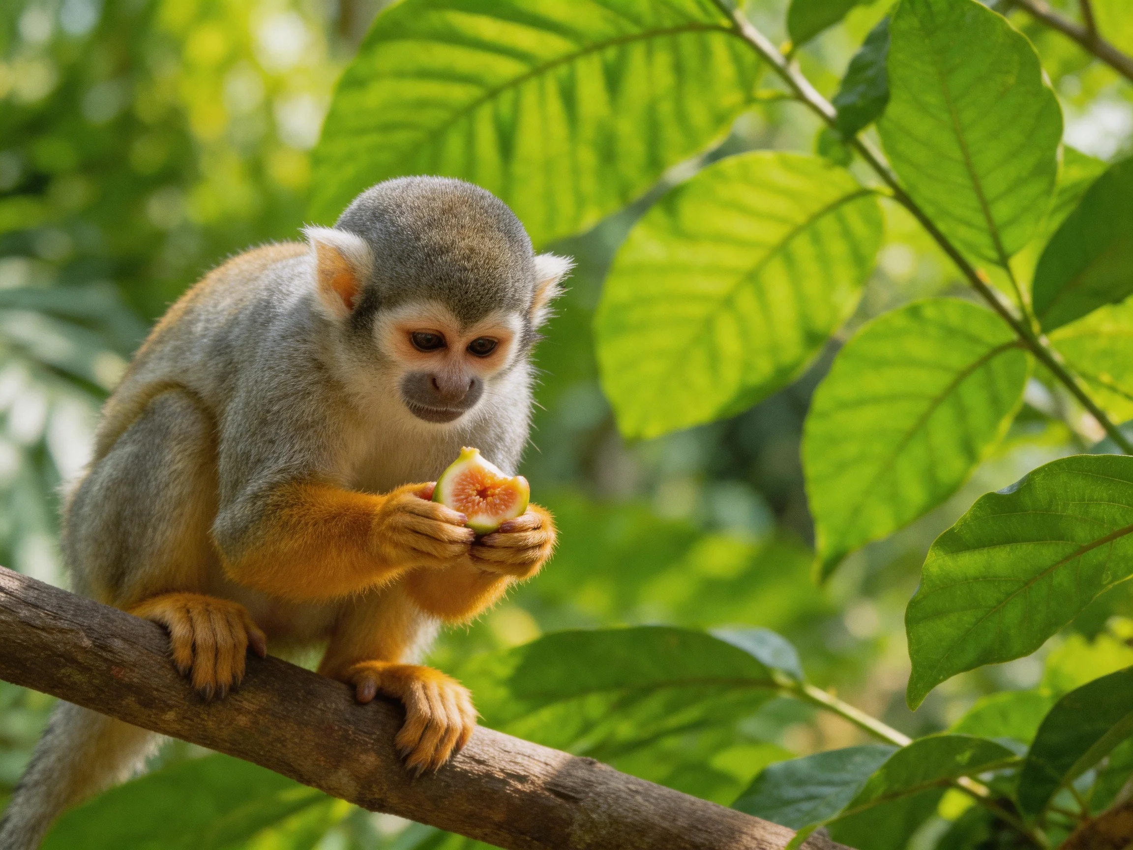 A small monkey eats fruit on a branch in a leafy environment