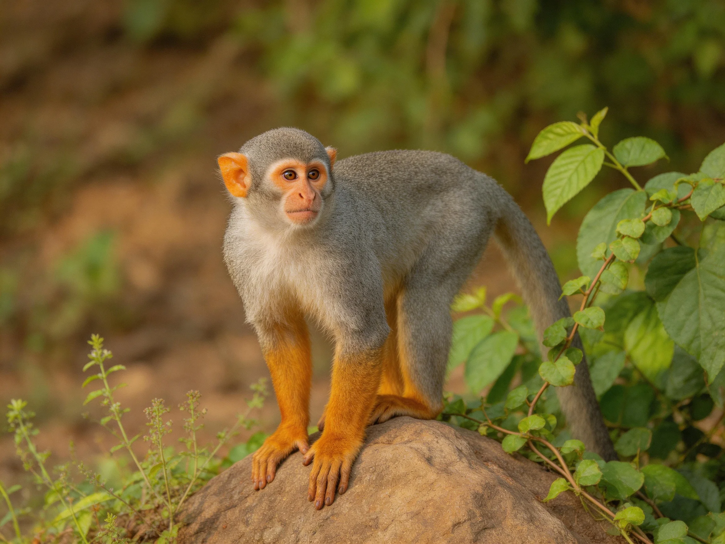 A small gray monkey with orange limbs stands on a rock among green plants.