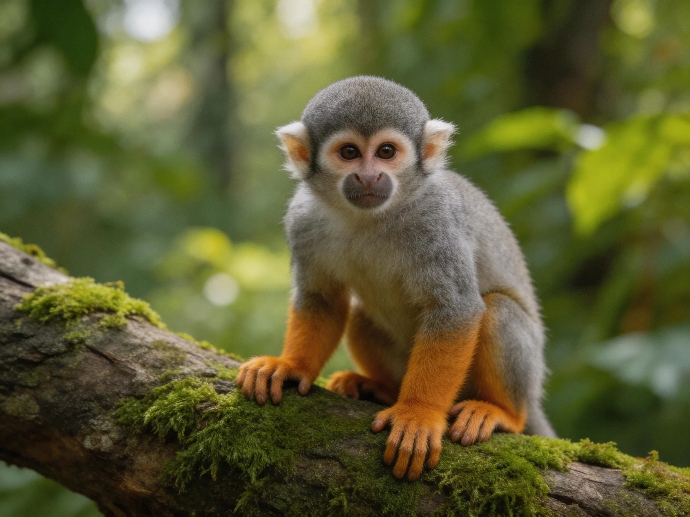 A small gray monkey with orange limbs perches on a moss-laden tree branch