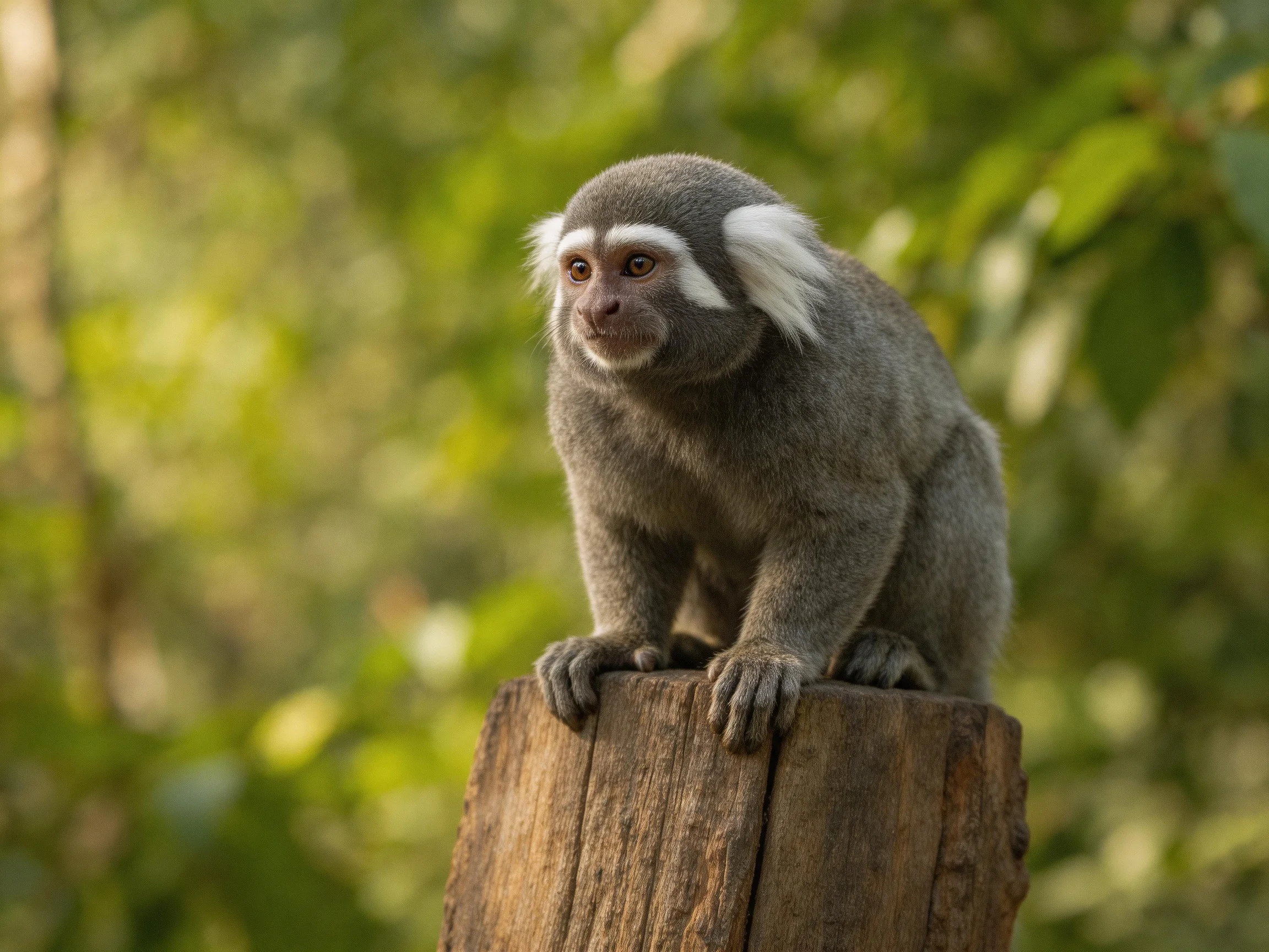 A small gray monkey with white facial markings perched on a wooden post