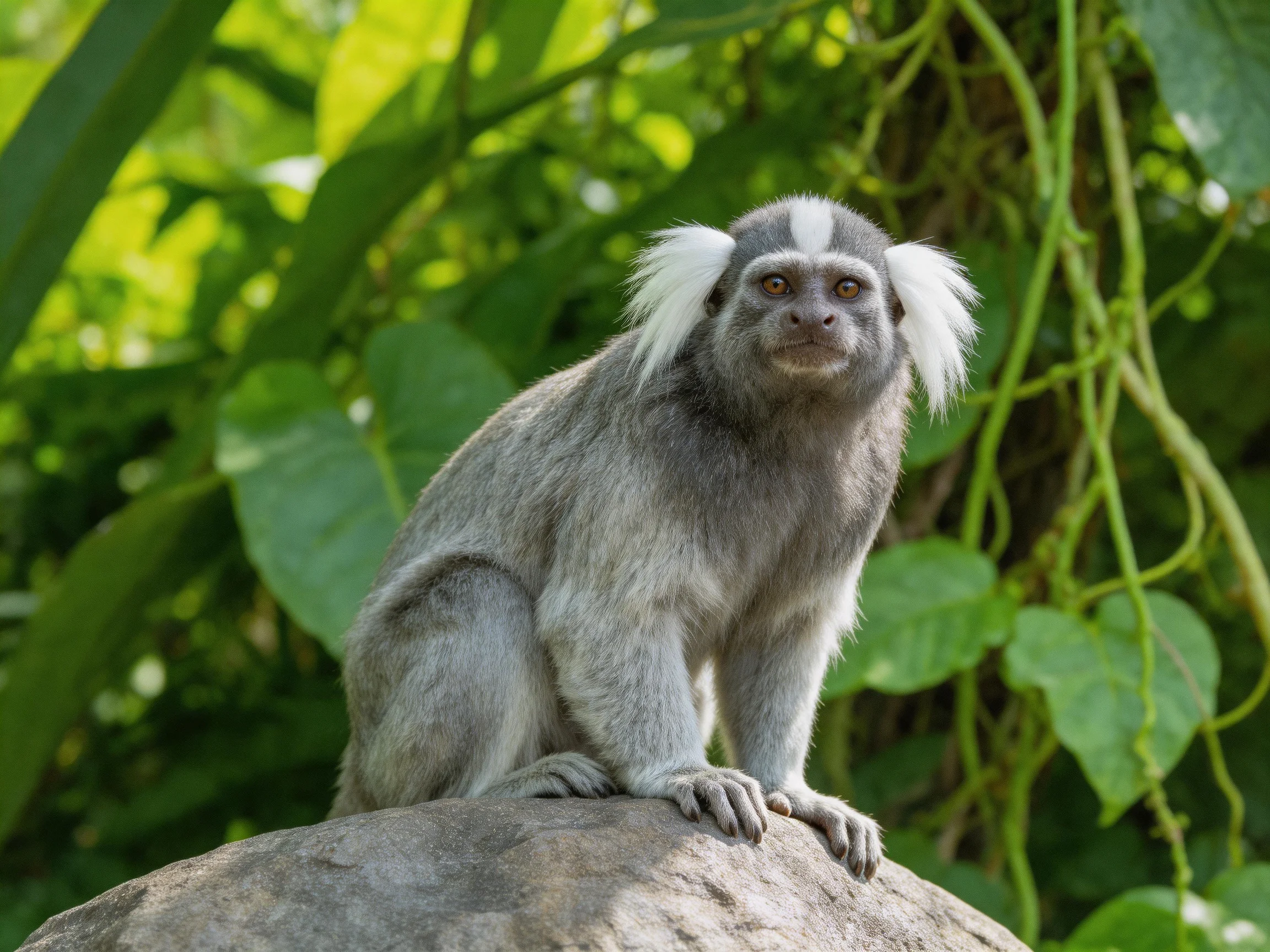A small gray monkey with white tufted ears perched on a rock