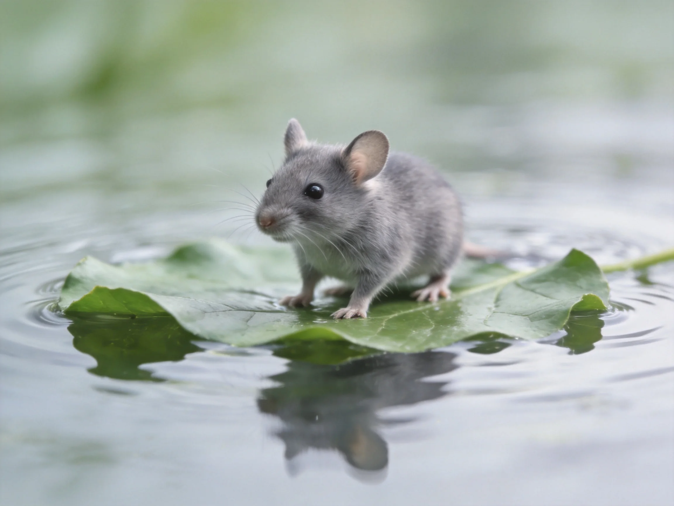 A small gray mouse stands on a large green leaf floating on calm water