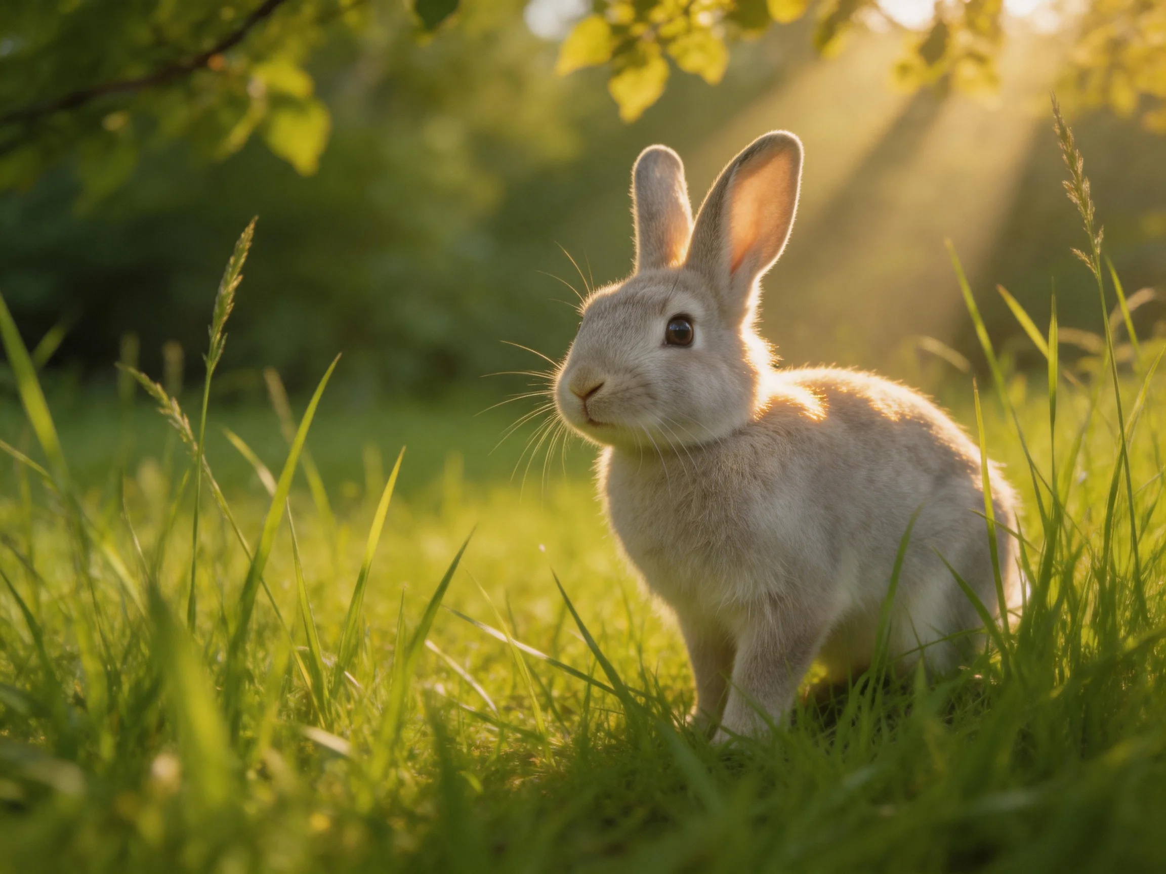 A small gray rabbit in lush green grass under golden sunlight