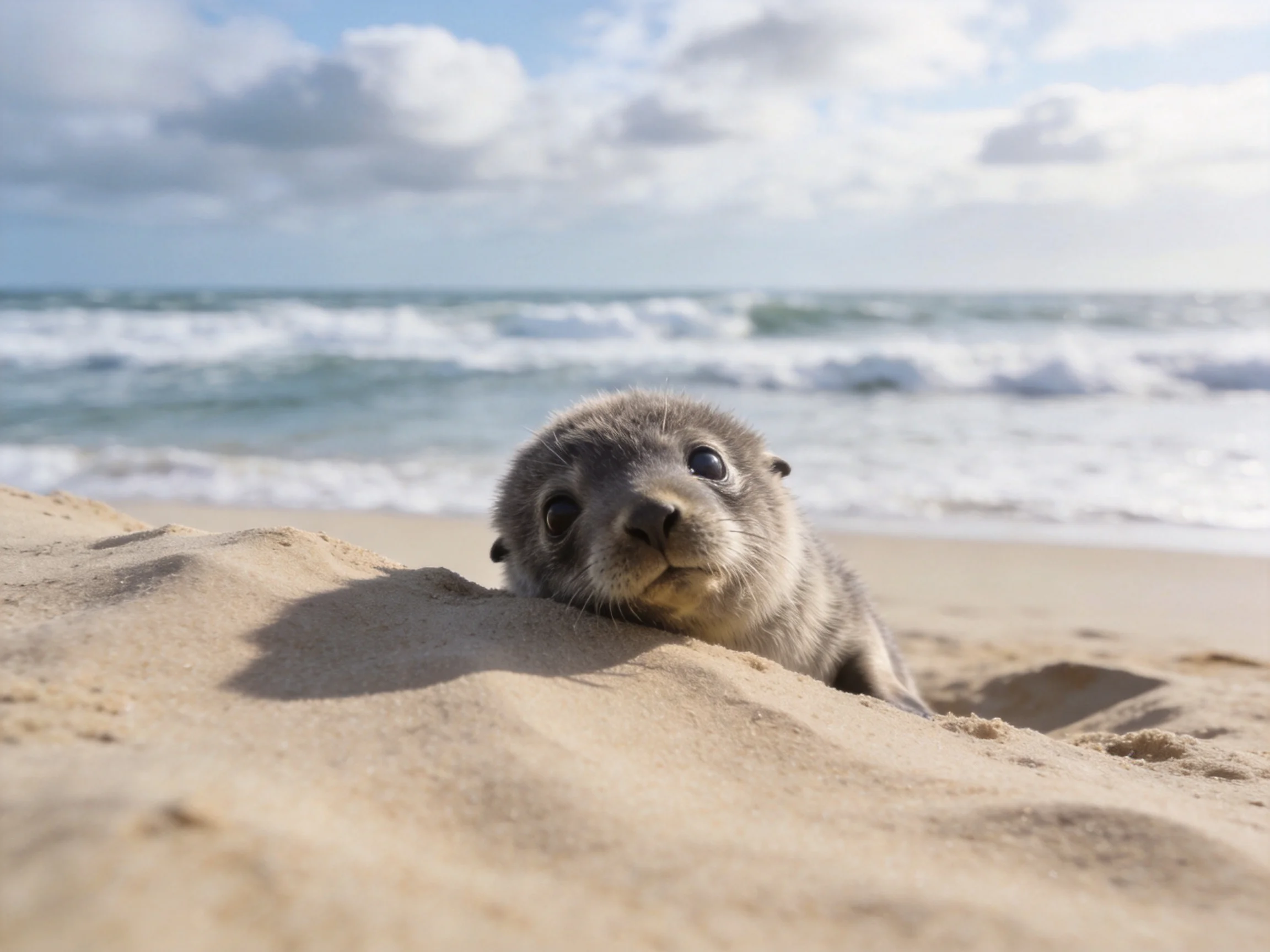 A small gray seal pup peeks from sandy shore near crashing waves