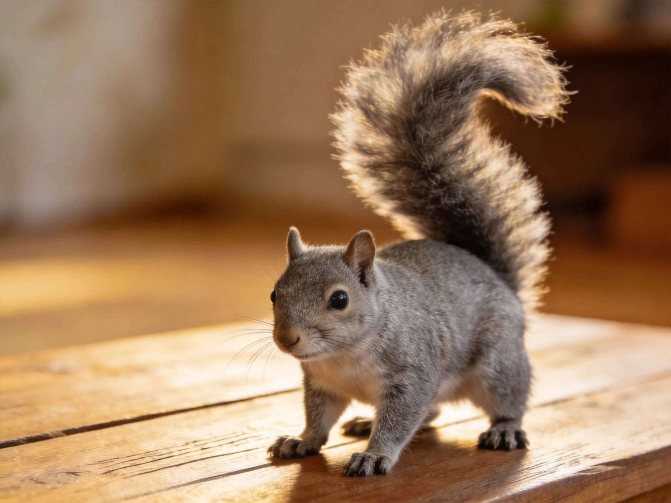 A small gray squirrel stands on a polished wooden table in warm lighting.