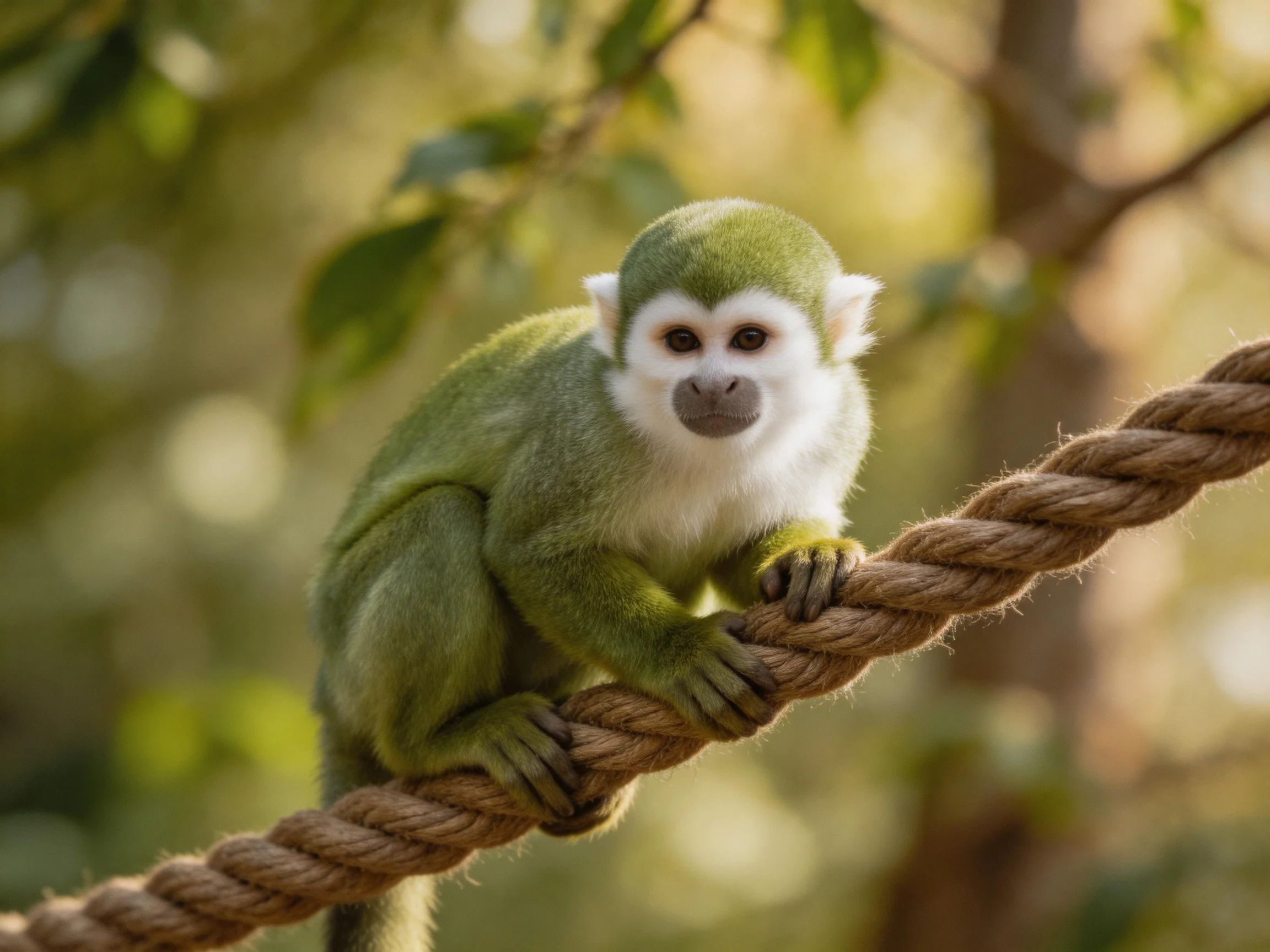 A small green monkey clings to a thick brown rope in a sunlit forest