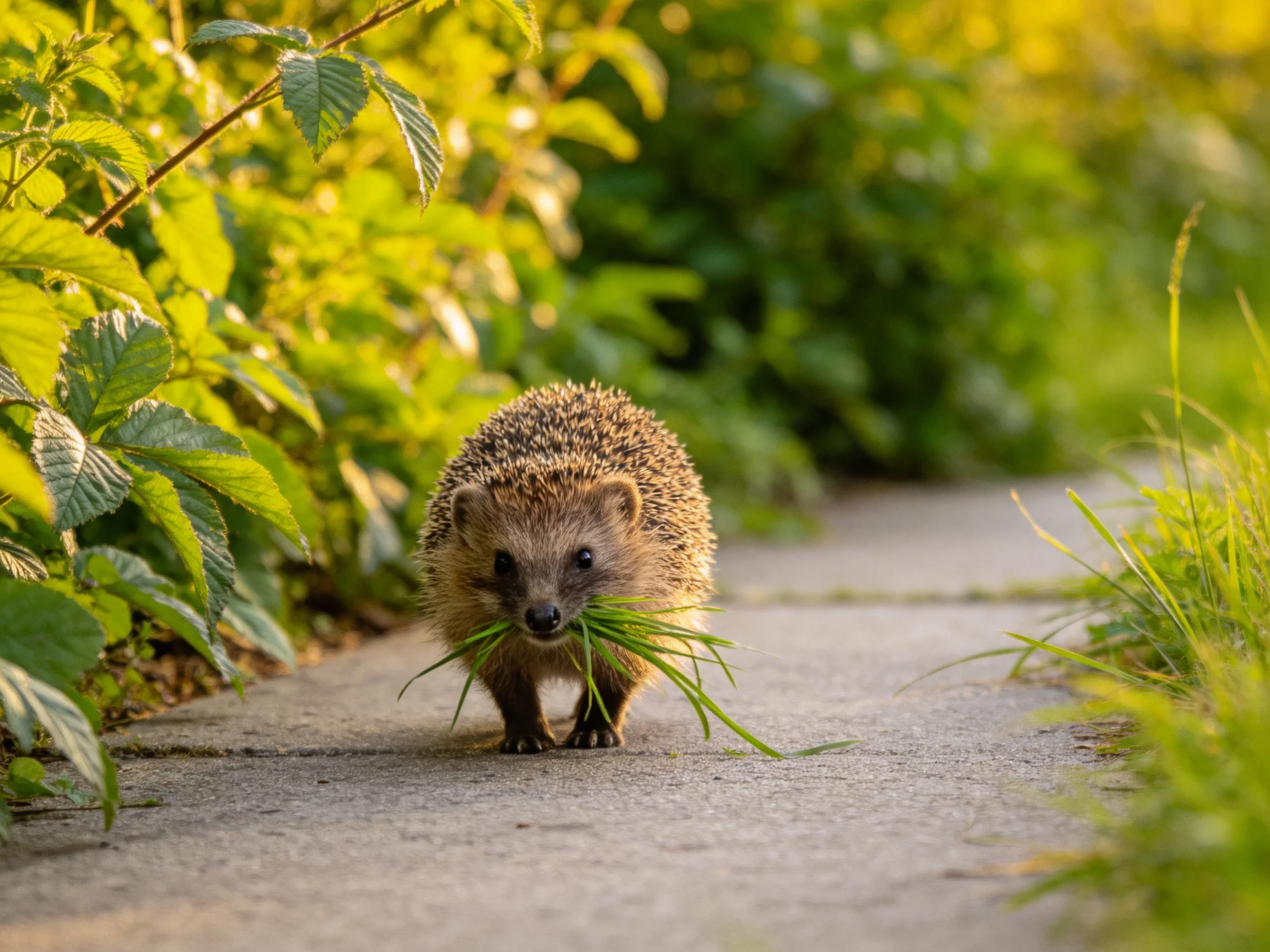 A small hedgehog carries grass along a sunlit stone path