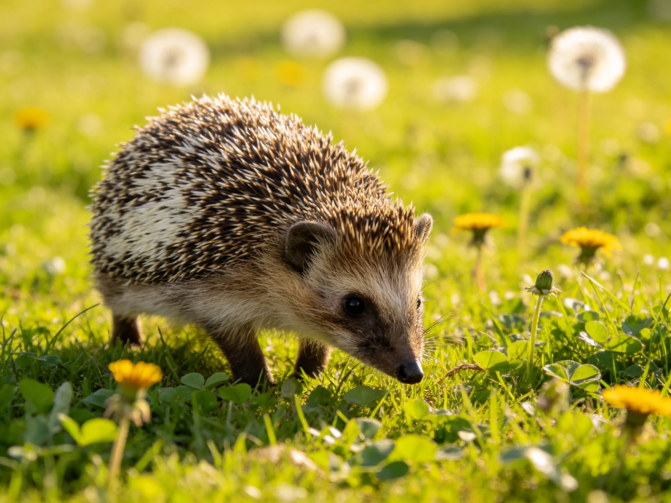 A small hedgehog explores a grassy meadow with yellow dandelions