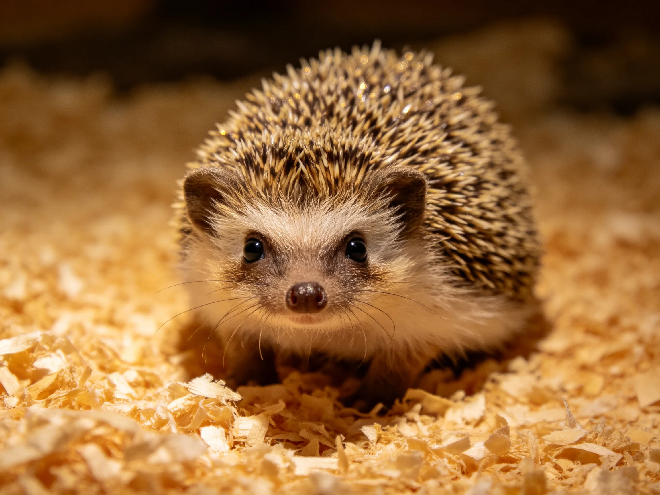 A small hedgehog sits on wood shavings in a softly lit environment.