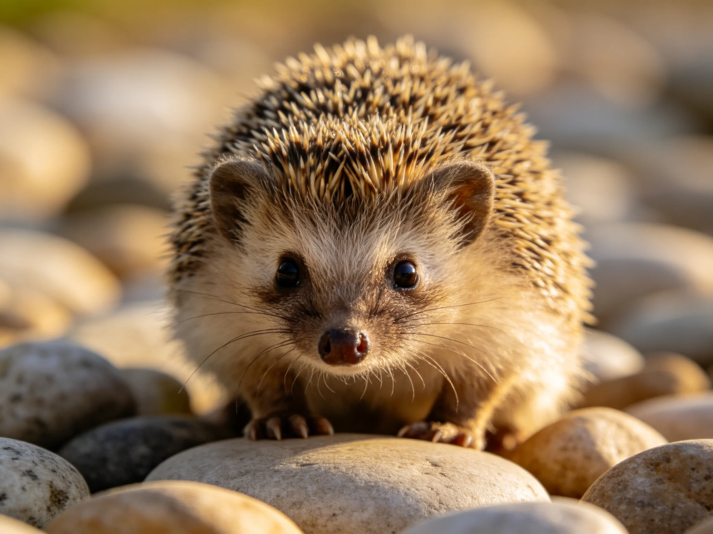 A small hedgehog with spiky quills rests among smooth, golden-hued pebbles