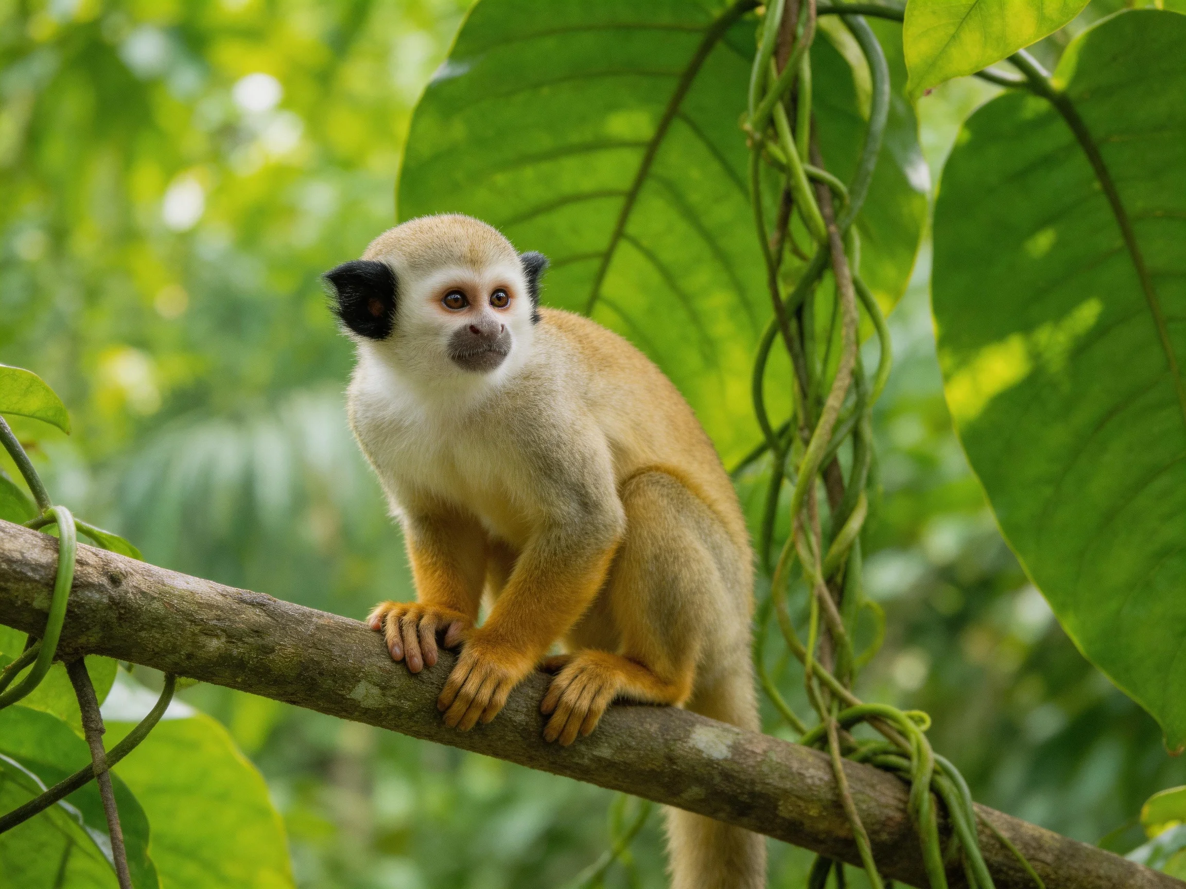 A small monkey with black ears perches on a tree branch amidst large green leaves