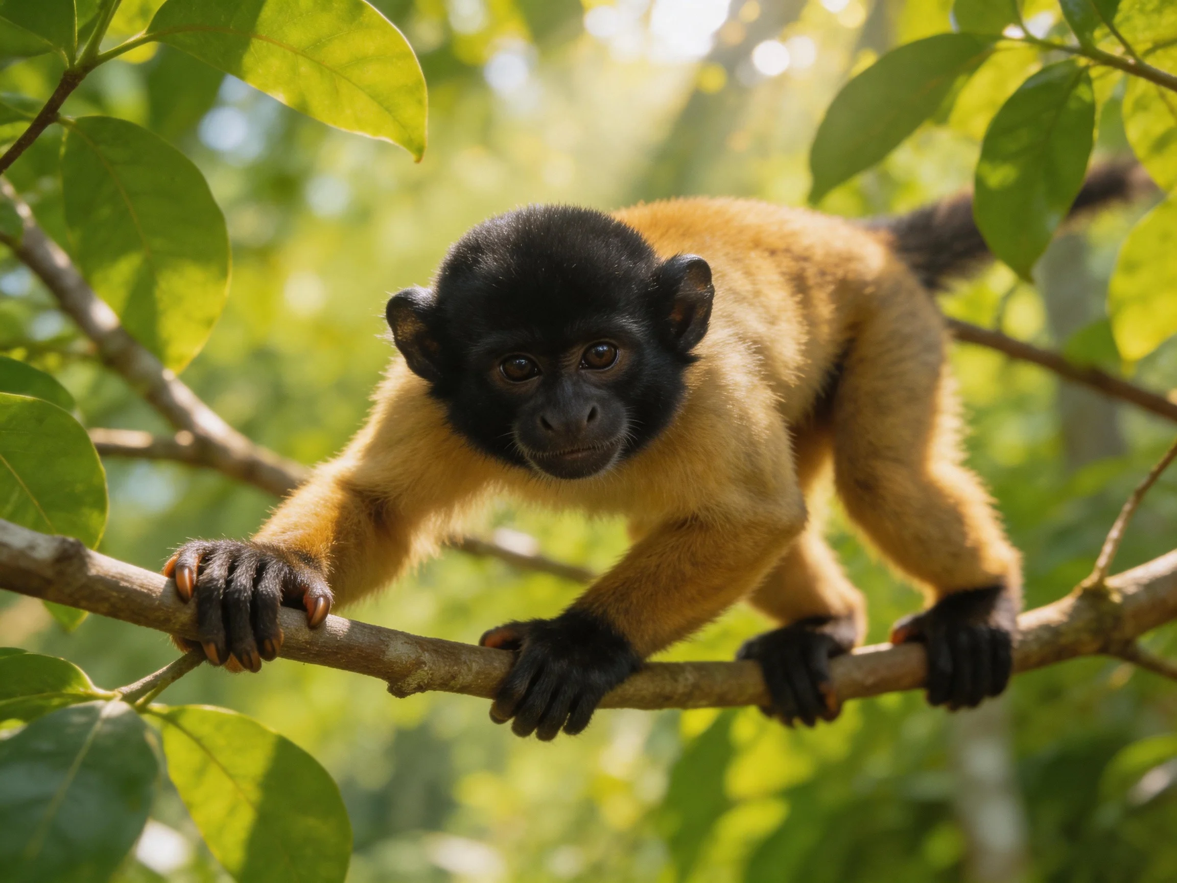 A small monkey with dark fur clings to a tree branch in a sunlit forest.