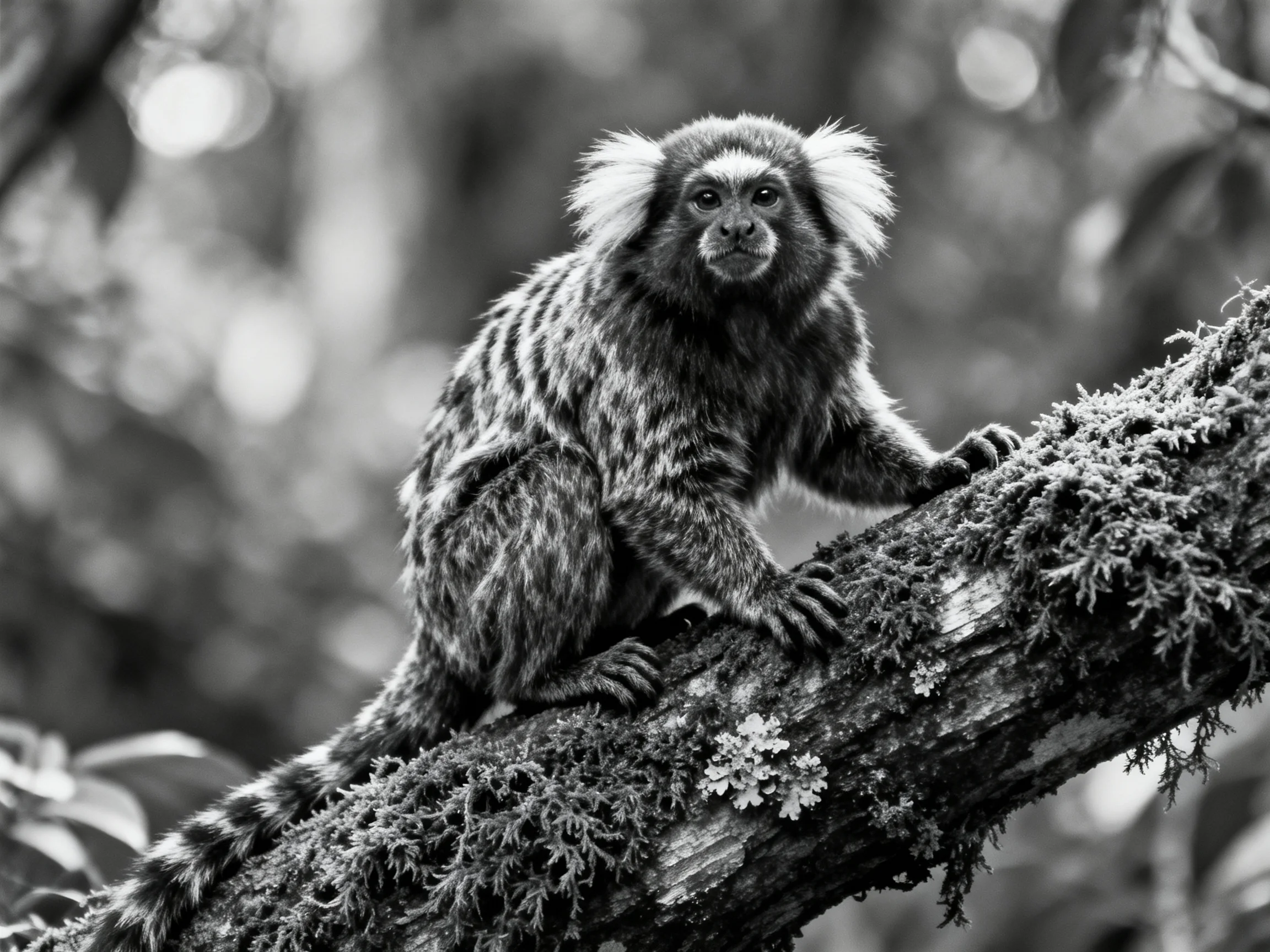 A small monkey with striped fur perches on a moss-covered tree branch