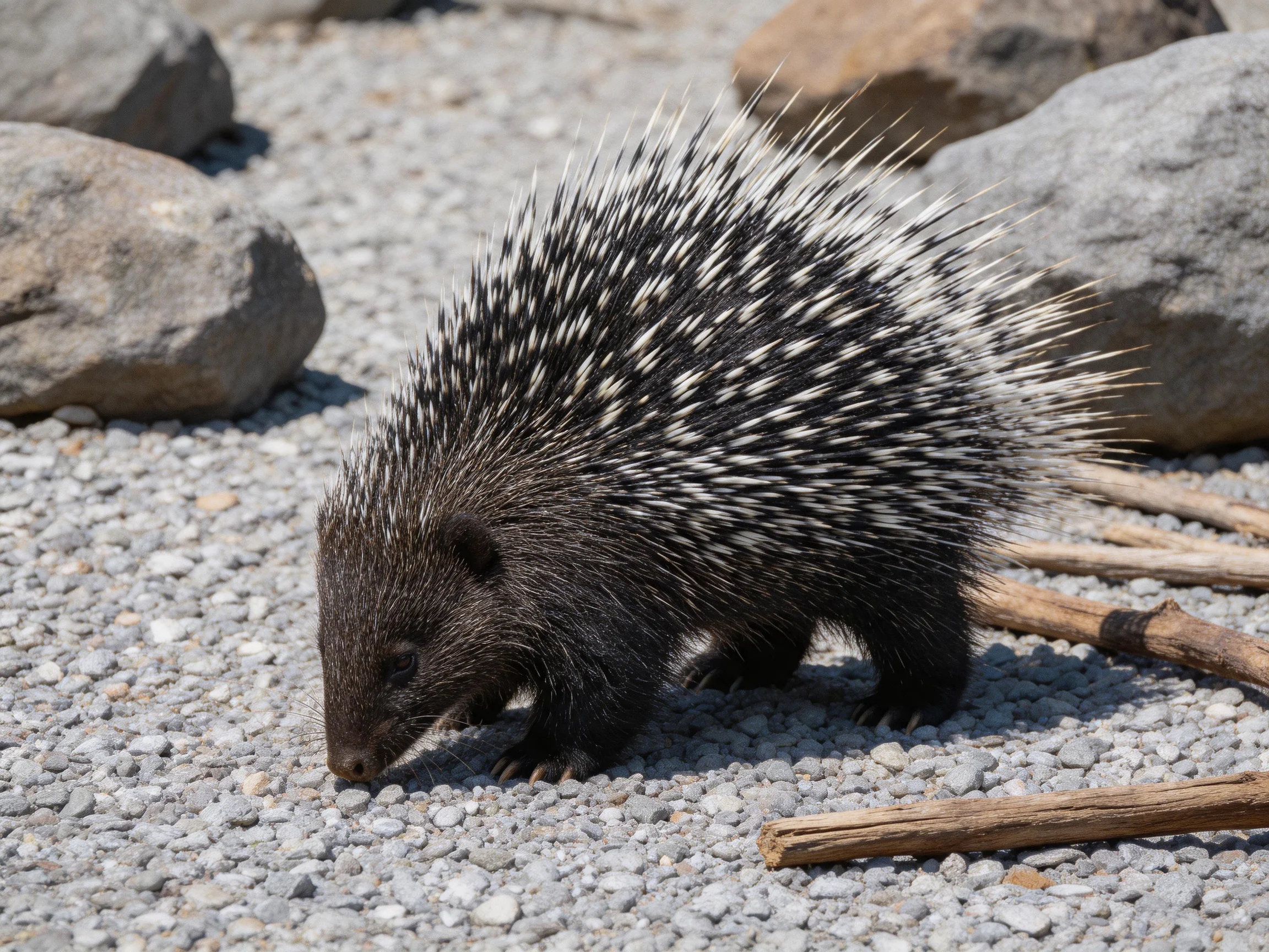 A small porcupine forages on gravel near rocks with spiny quills.