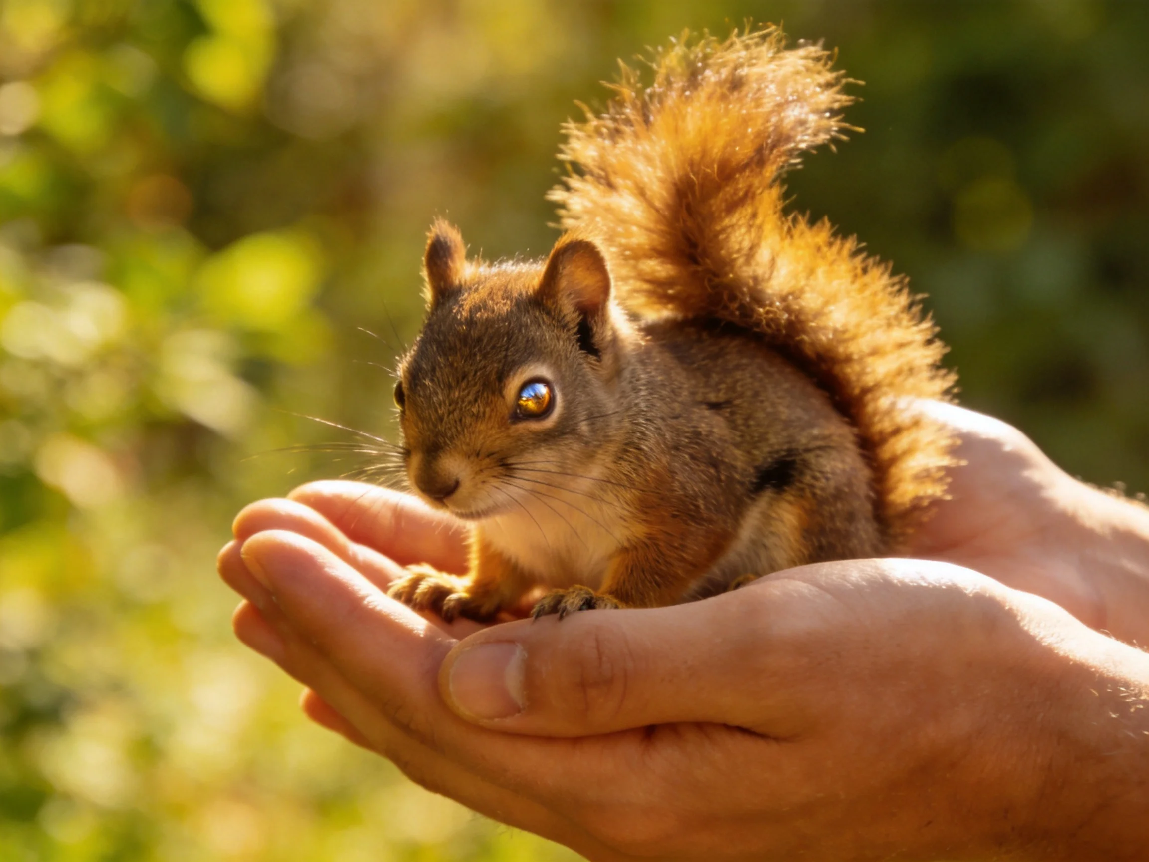 A small reddish - brown squirrel held in human hands amid green foliage