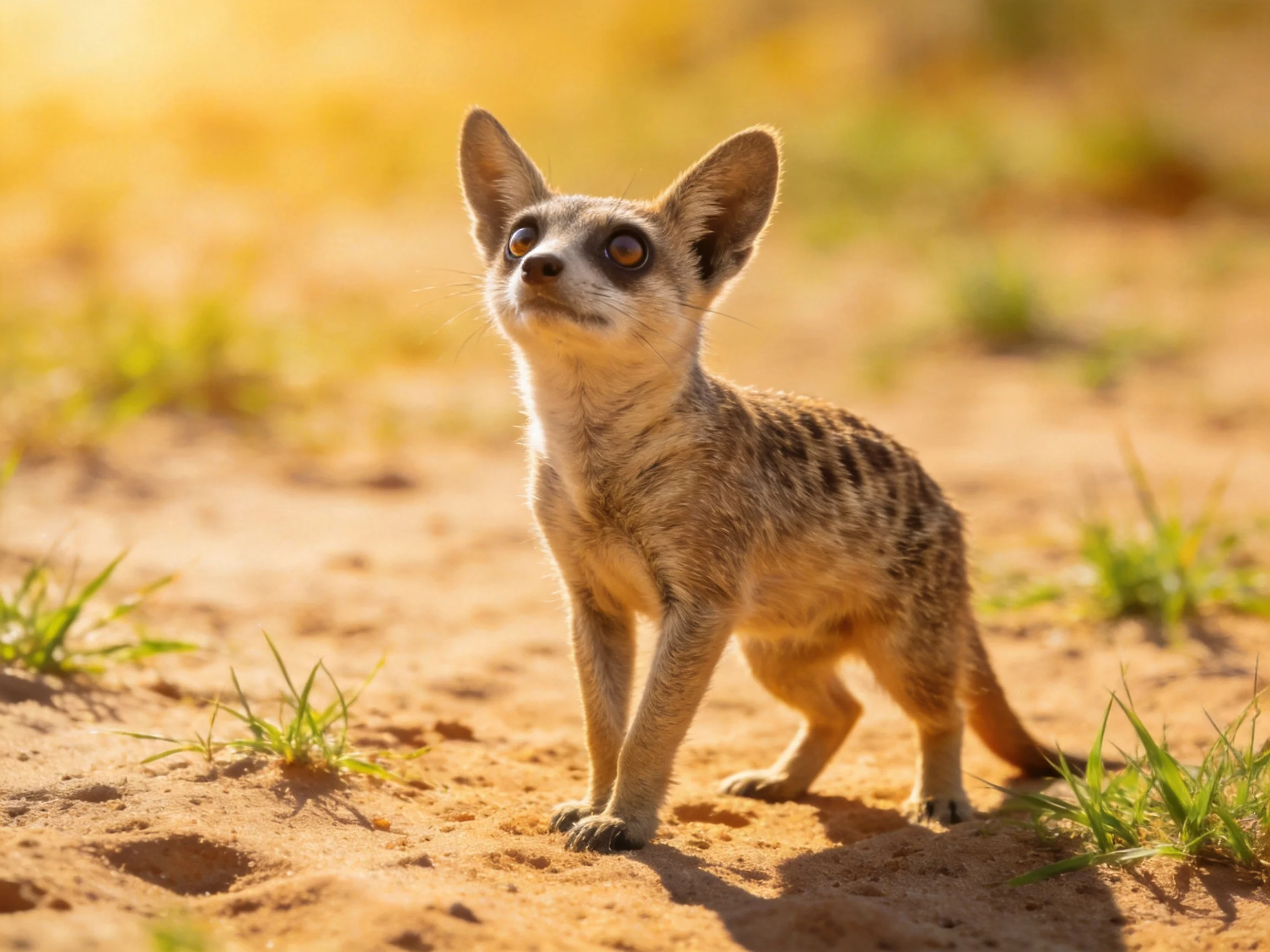 A small spotted mammal stands on sandy ground with sparse green vegetation
