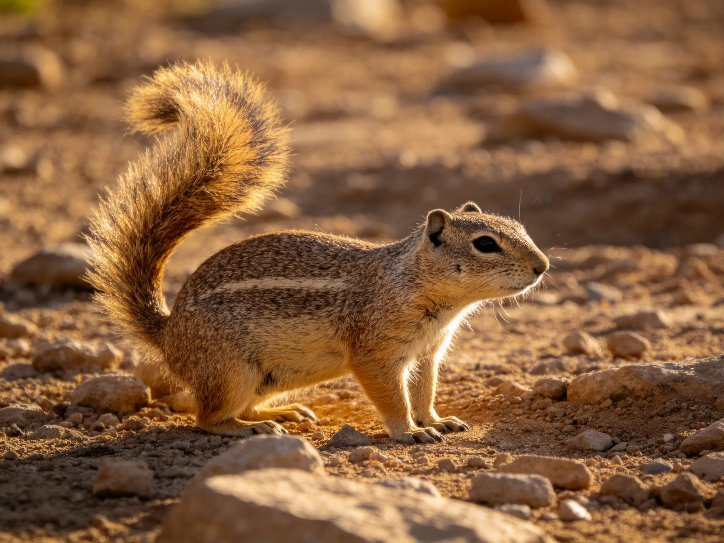 A small squirrel with a fluffy brown tail on rocky desert terrain