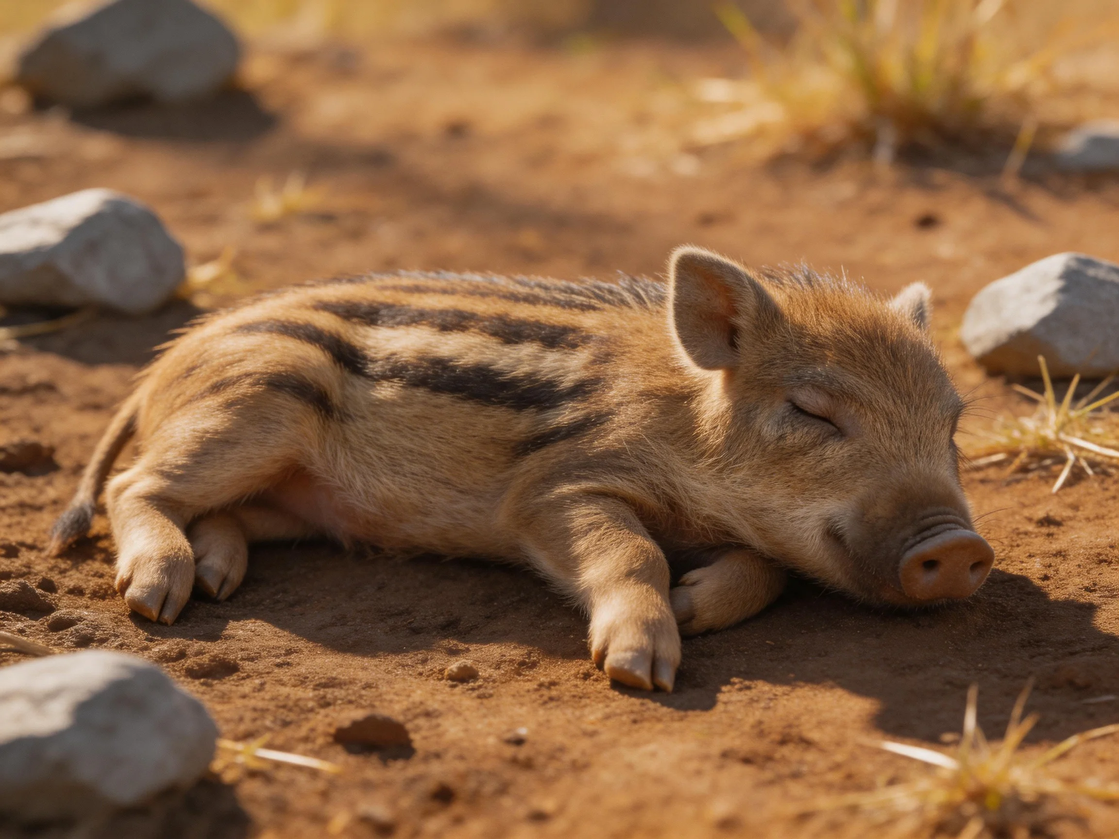 A small striped piglet rests on reddish-brown soil near gray stones