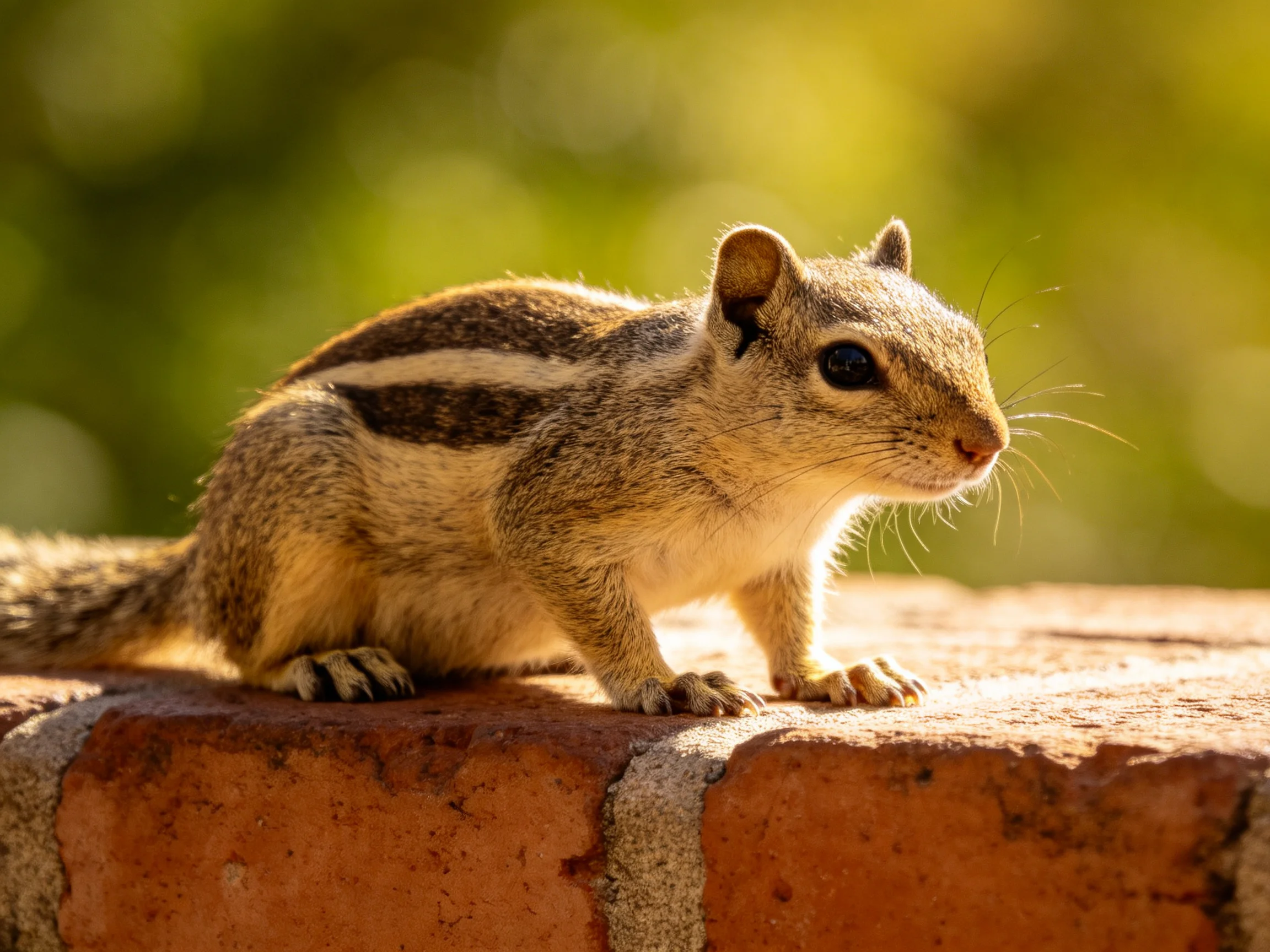 A small striped rodent resting on a reddish brick ledge with blurred greenery