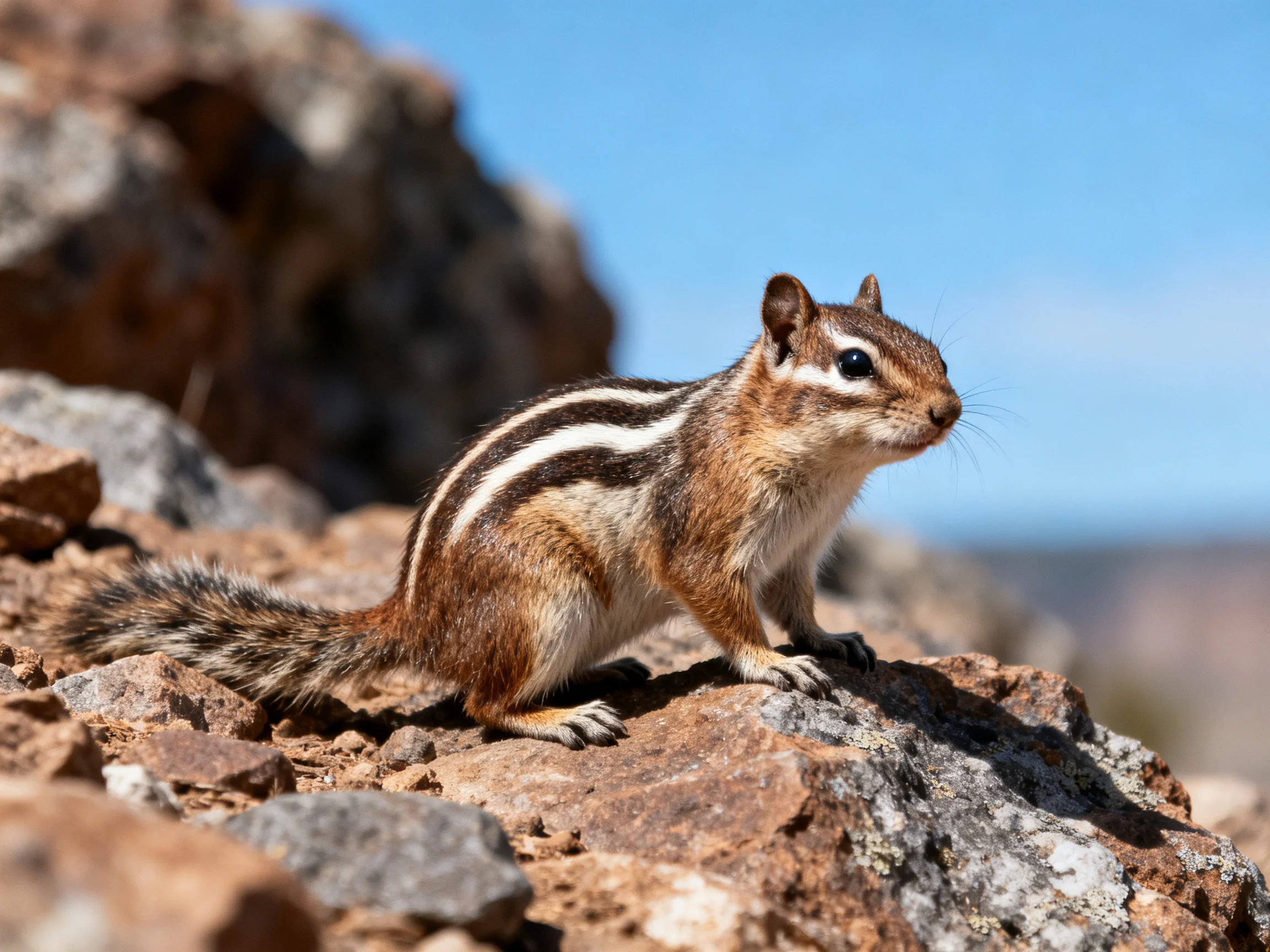 A small striped rodent sits atop rugged brown rocks under bright blue sky