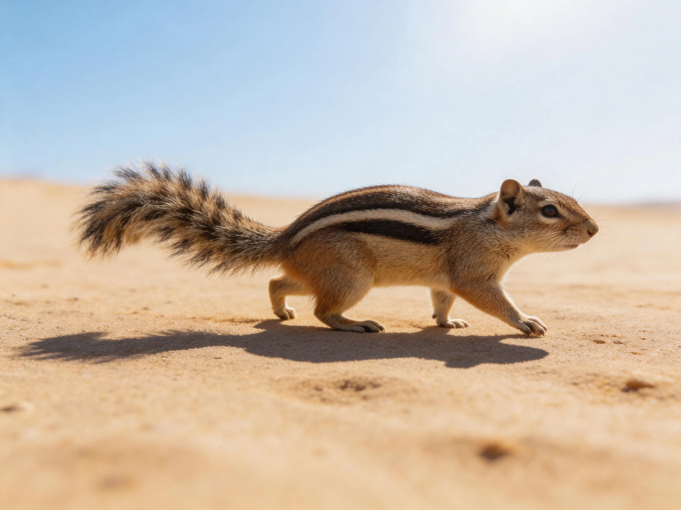 A small striped rodent walks on golden sand beneath a clear blue sky