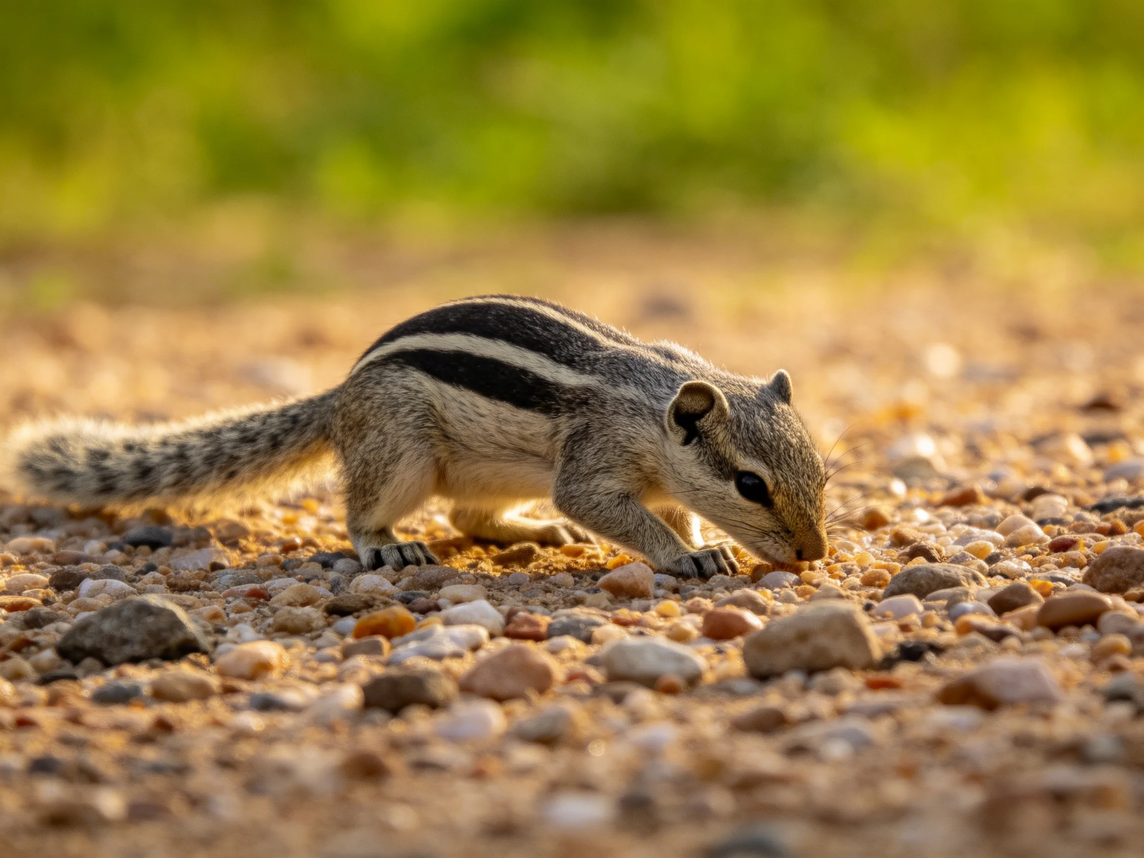 A small striped squirrel forages on a bed of pebbles in a sunlit area.
