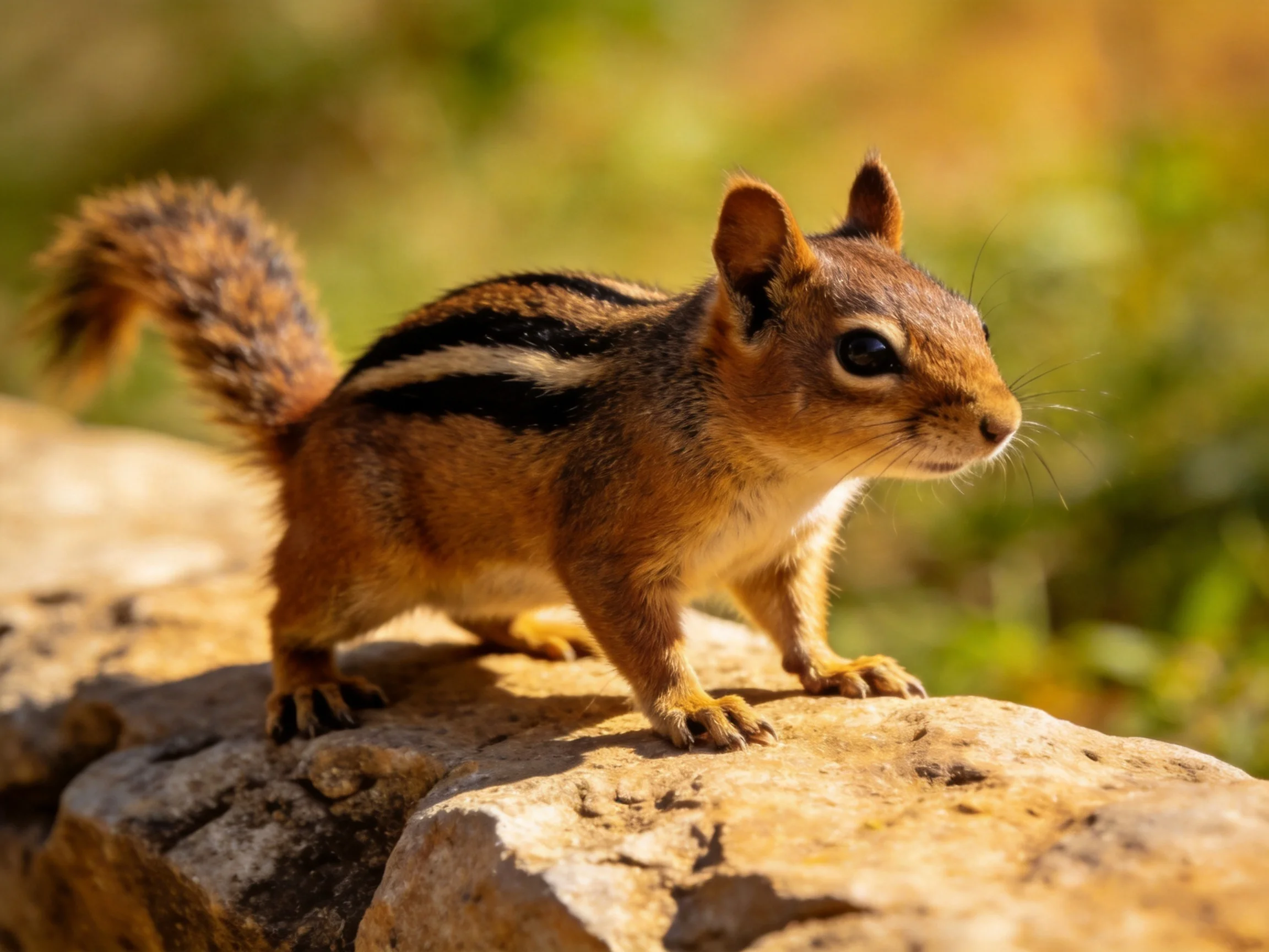 A small striped squirrel on sunlit rocks amid greenery