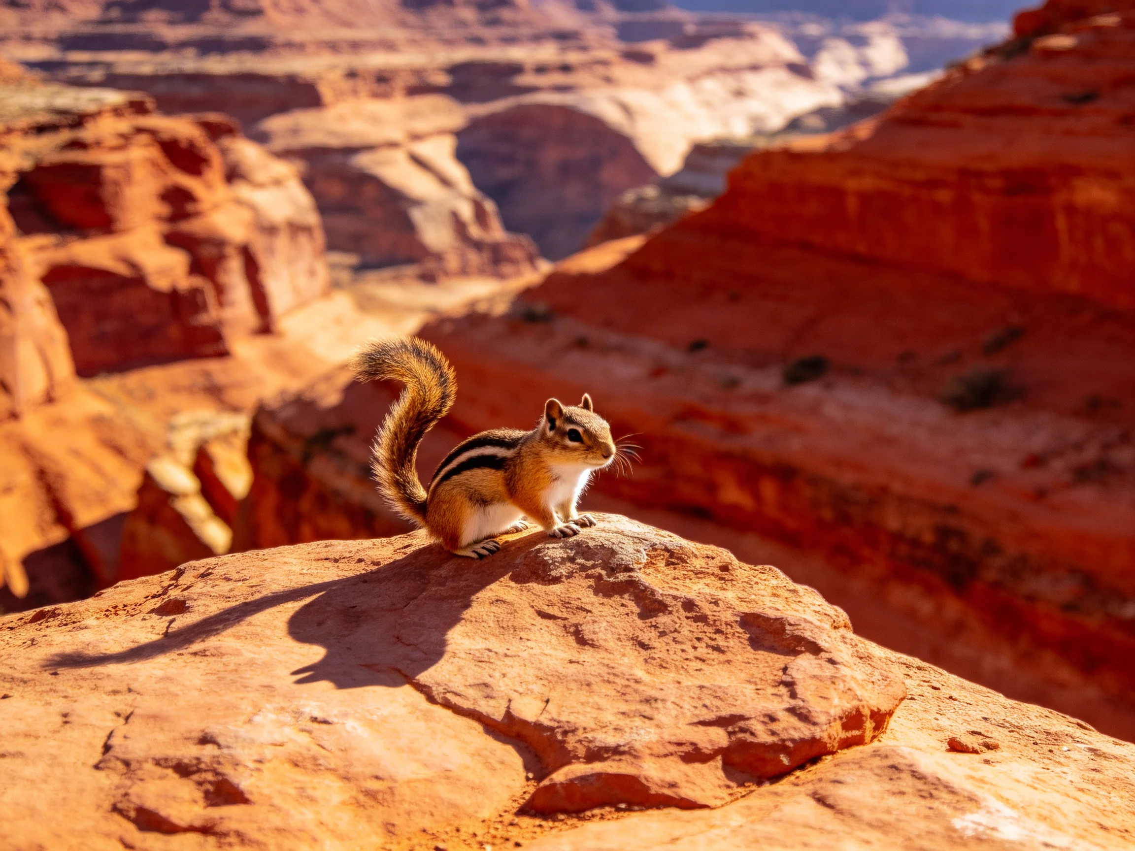 A small striped squirrel rests on a rocky ledge overlooking canyons
