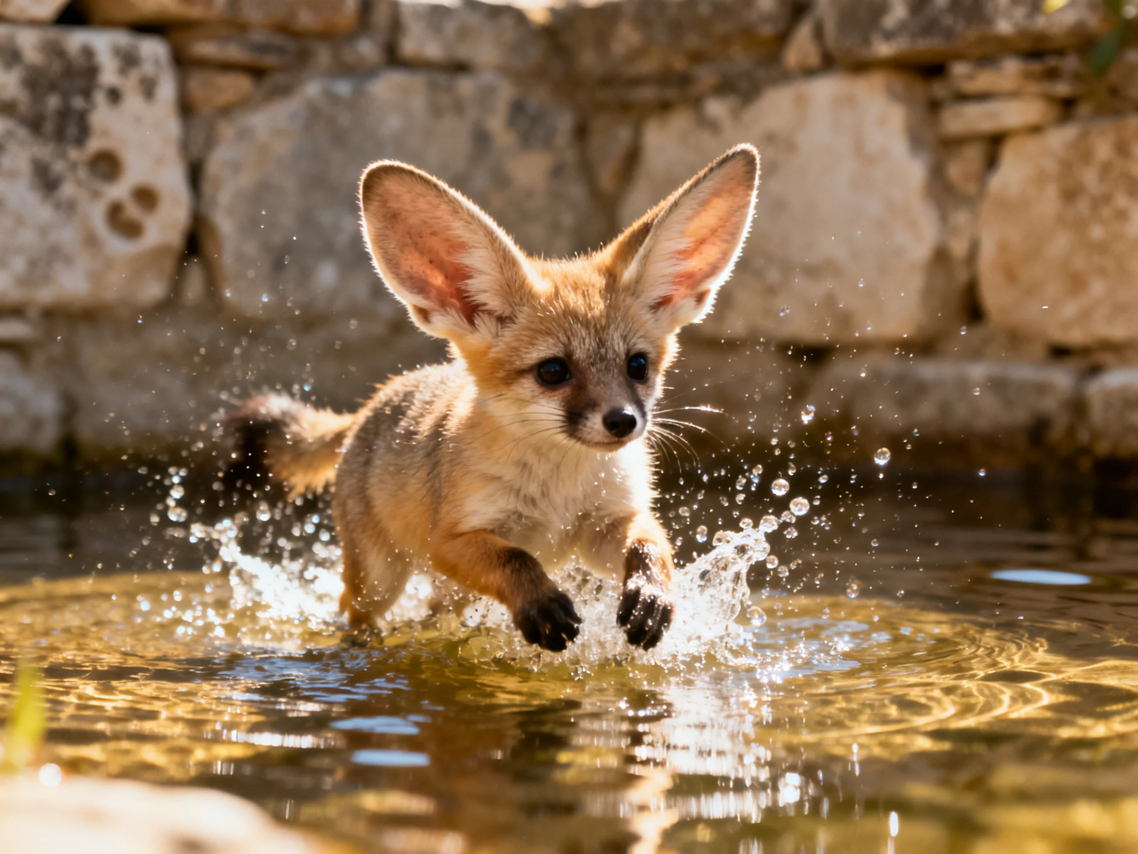 A small tan fox cub splashes in water next to a stone wall.