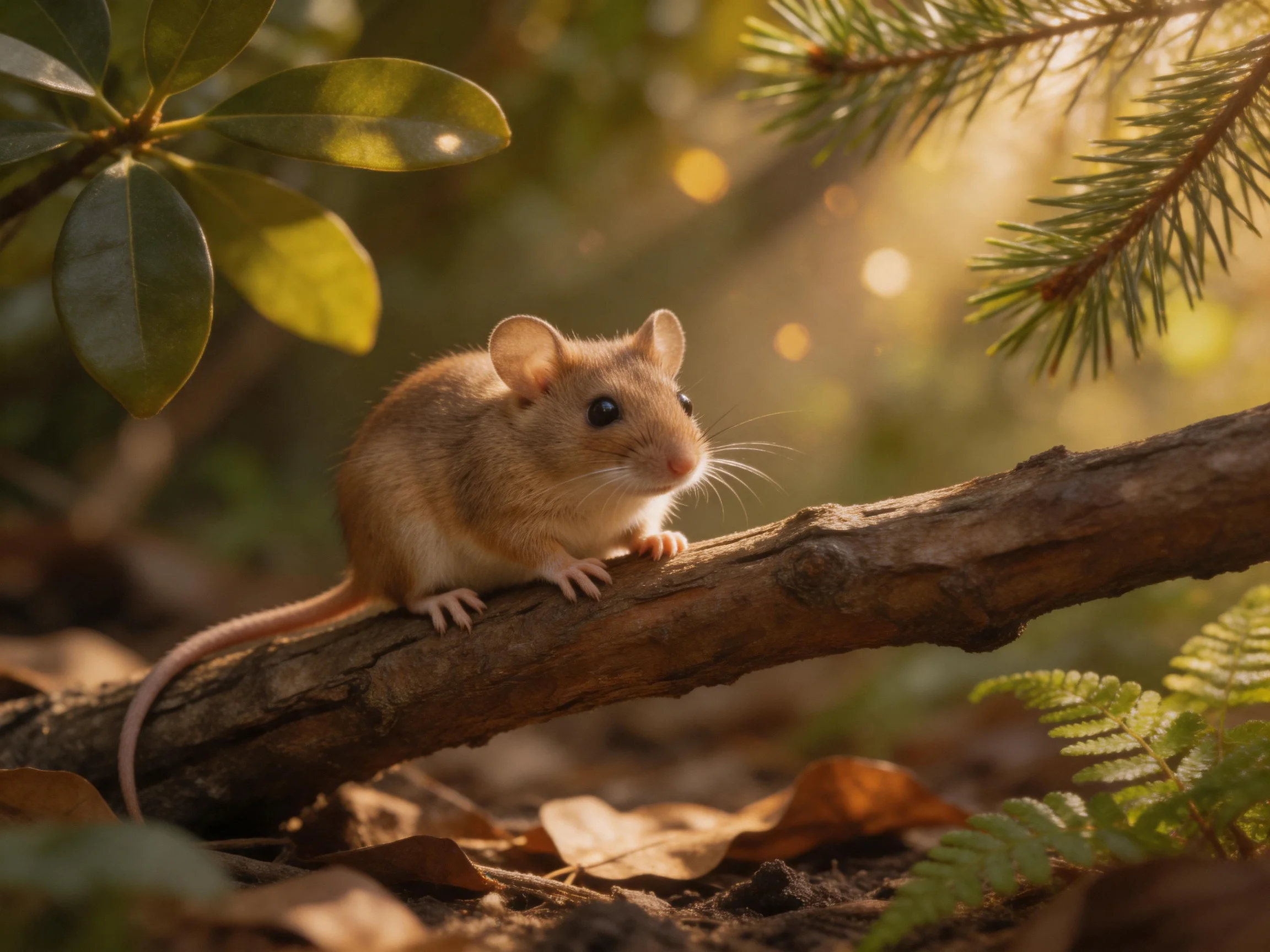 A small tan mouse perches on a gnarled brown branch amid green foliage