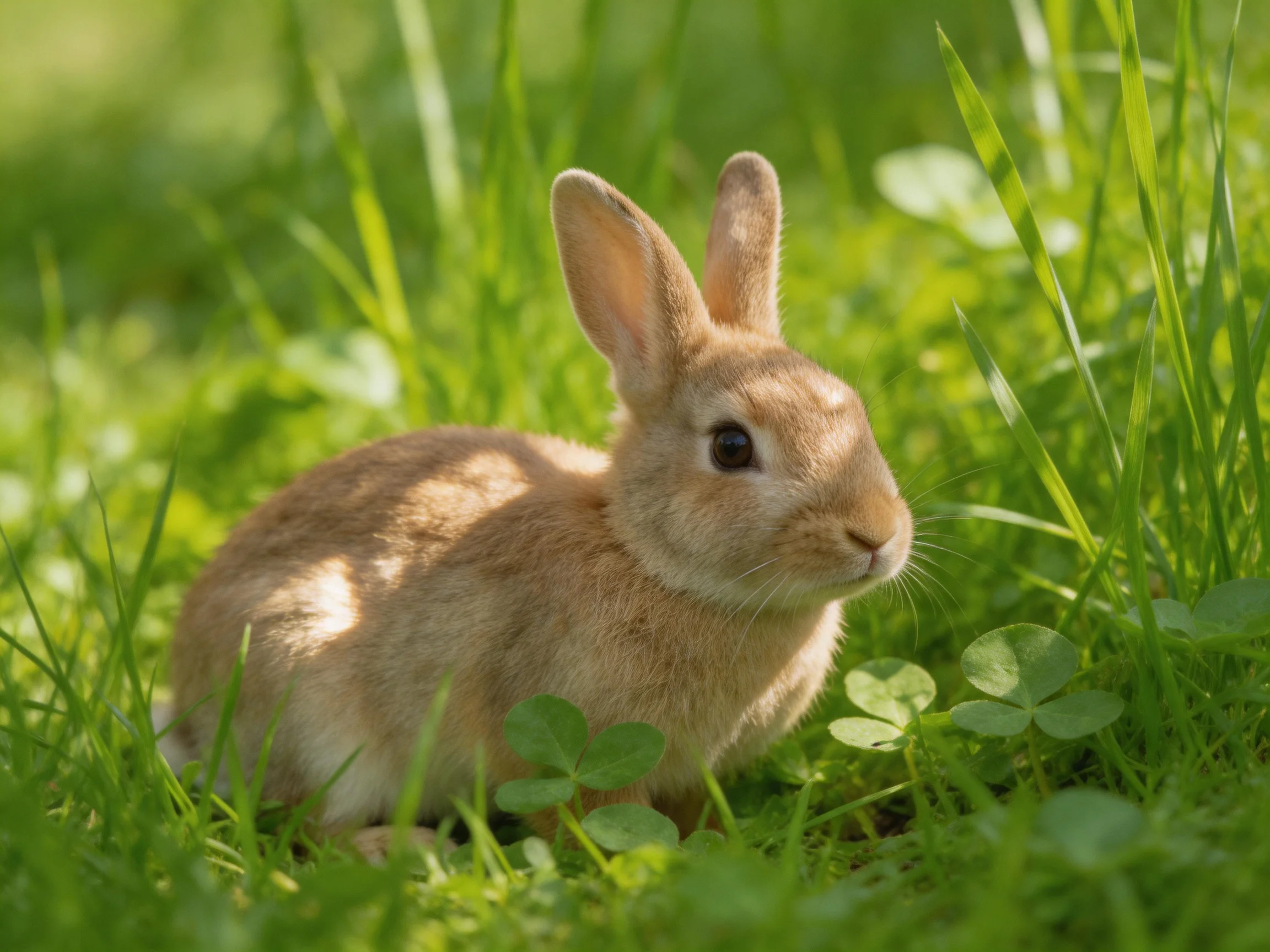 A small tan rabbit nestled in vibrant green foliage