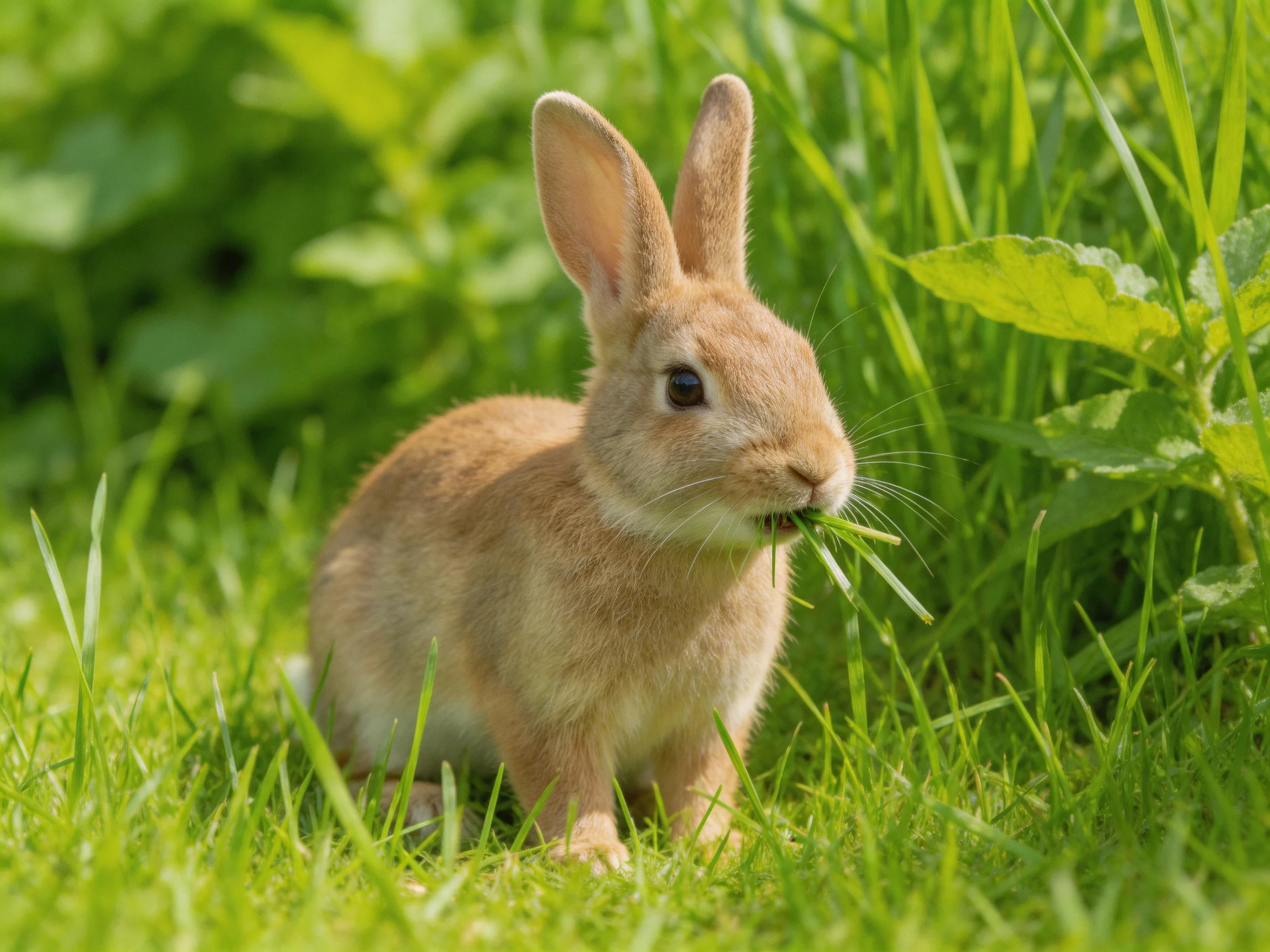 A small tan rabbit nibbles fresh green grass in a sunlit meadow