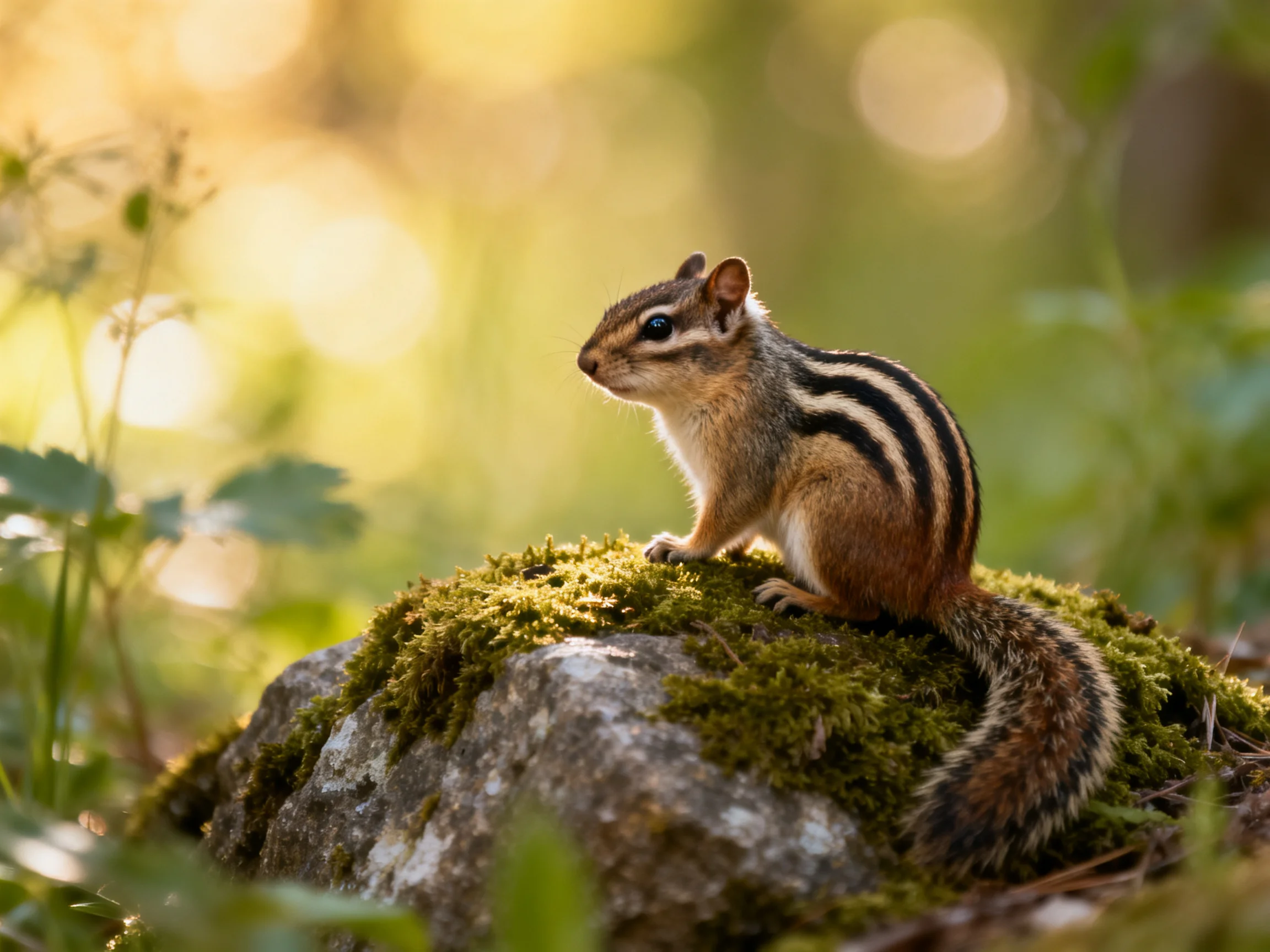 A small three-striped chipmunk perches on a moss-covered rock in soft sunlight