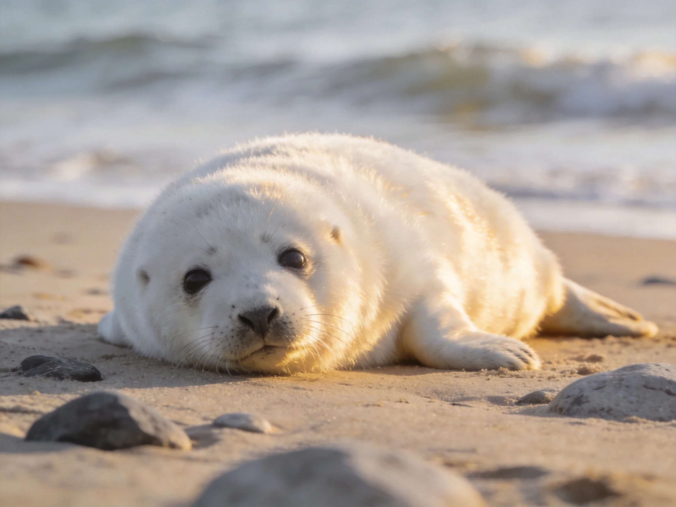 A small white seal pup rests on sandy shore near ocean waves