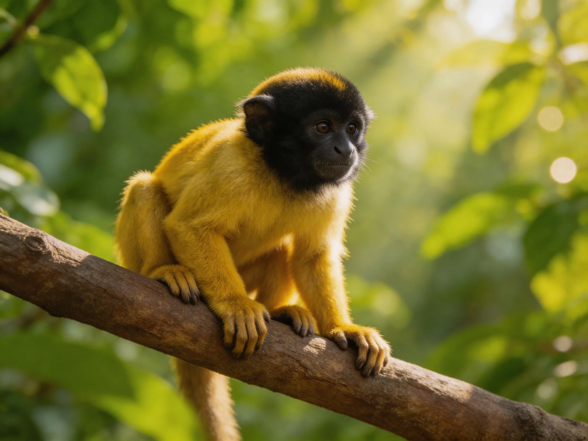 A small yellow monkey with a black face sits on a tree branch in a sunlit forest.