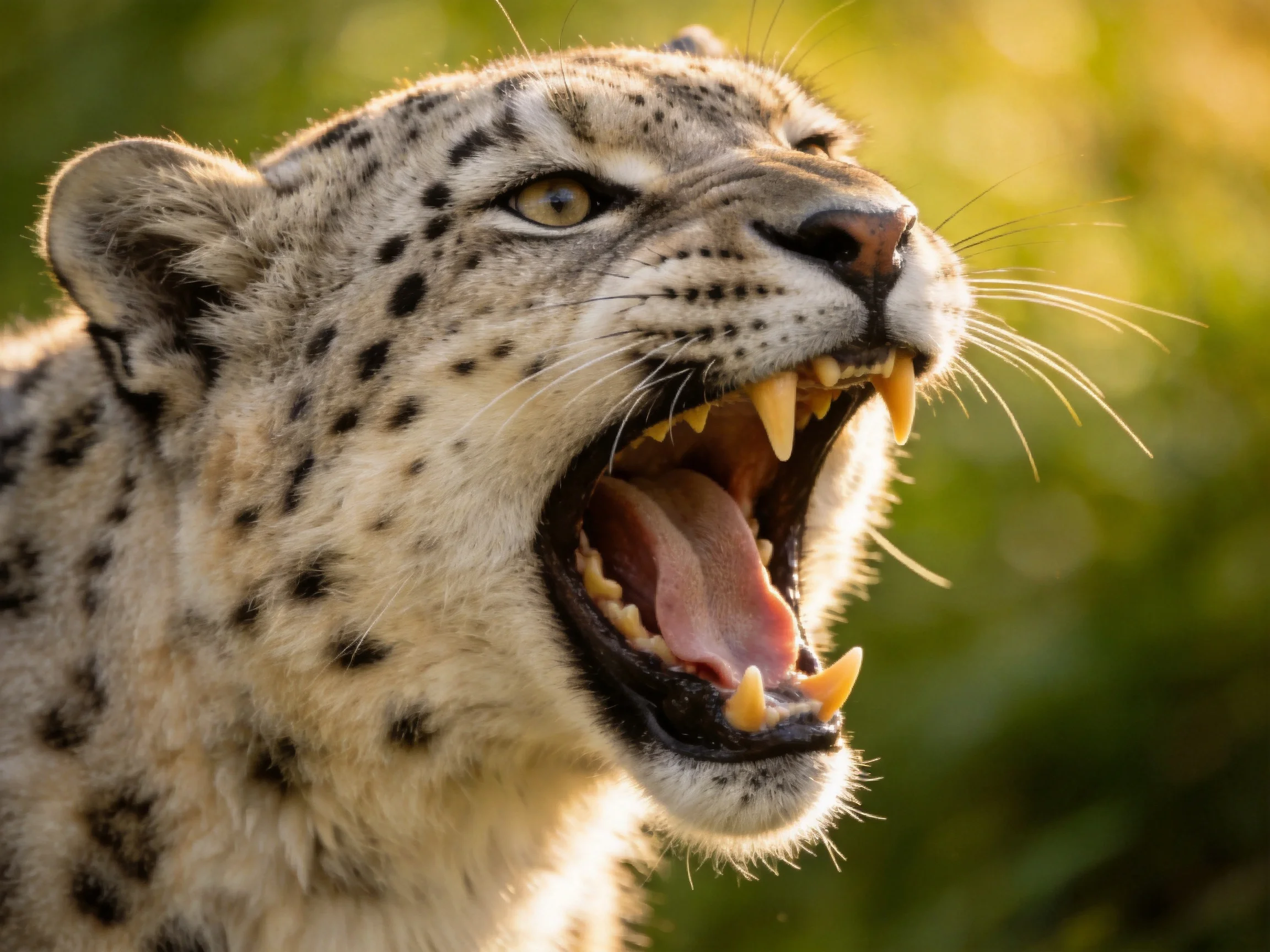 A snarling snow leopard with sharp fangs and spotted fur