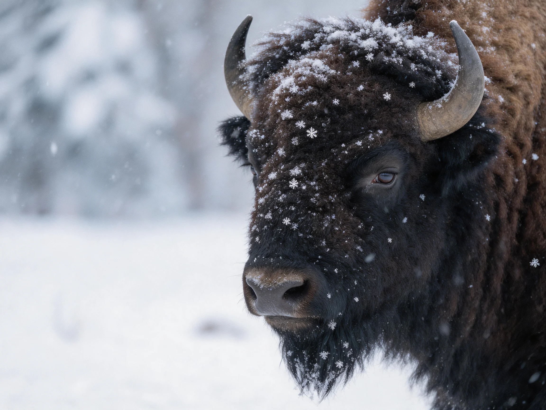 A snow-dusted bison with thick dark fur and curved horns