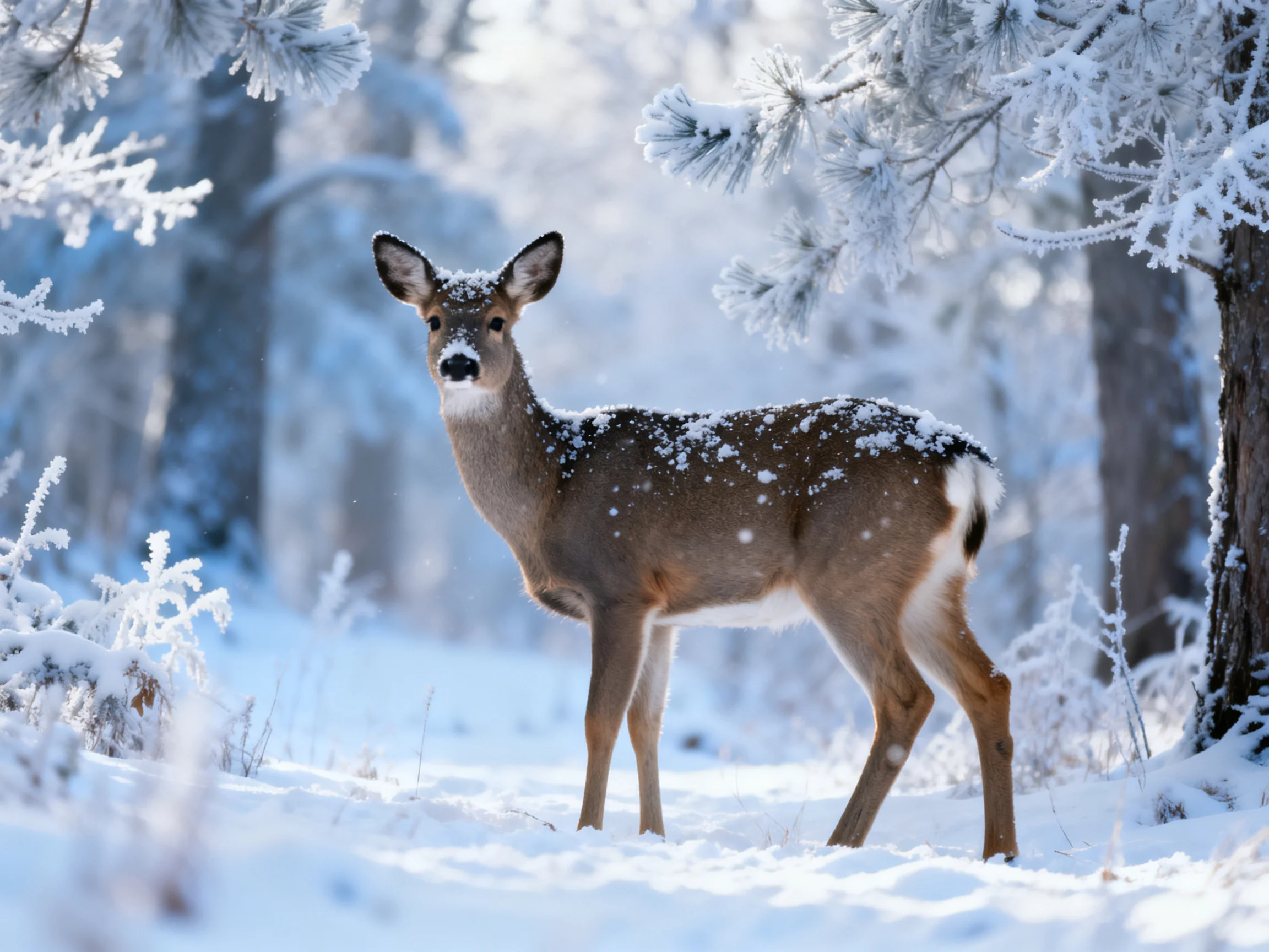 A snow-dusted deer in a frosty winter forest
