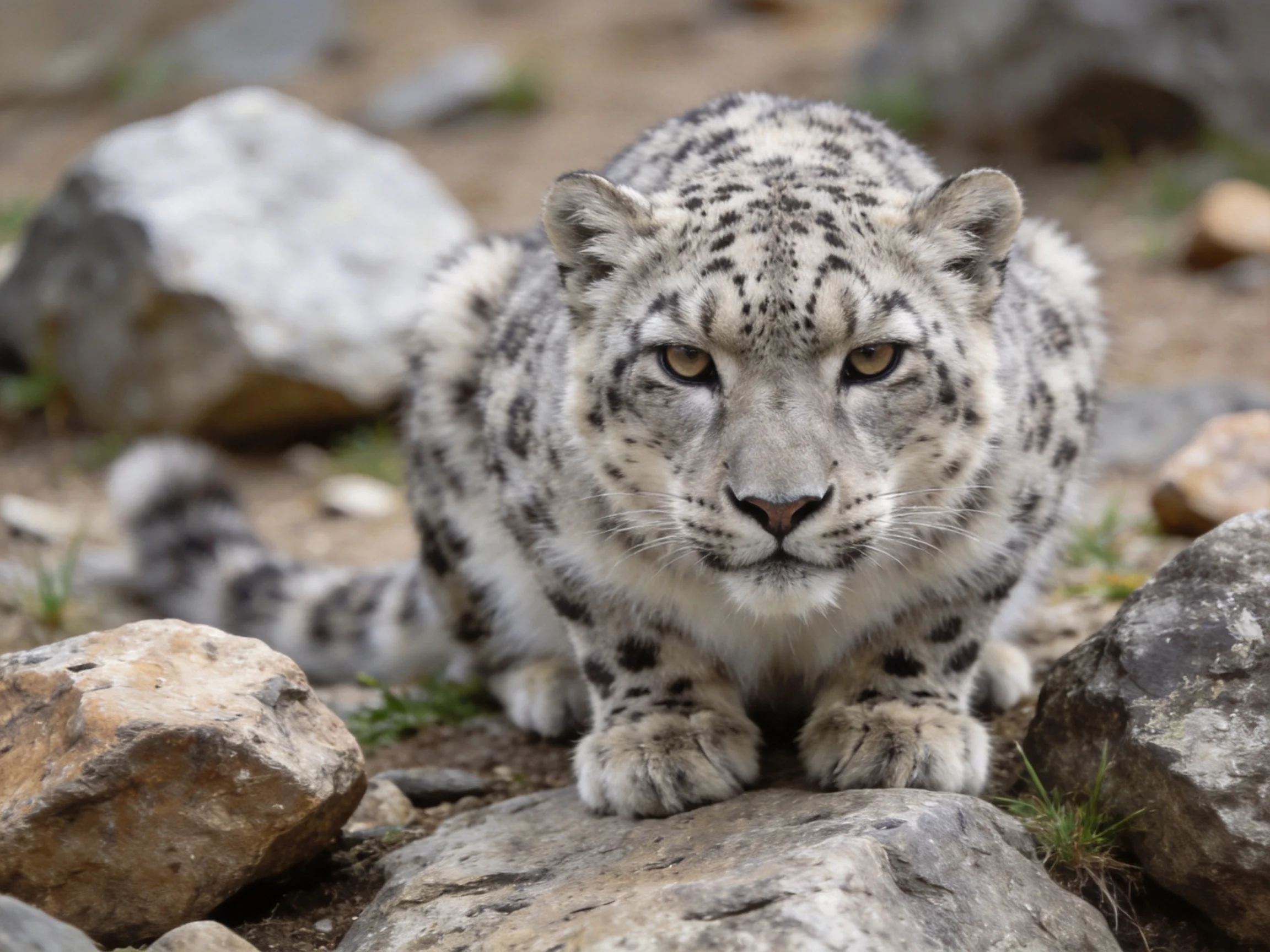A snow leopard crouches among gray and brown rocks in a rugged terrain