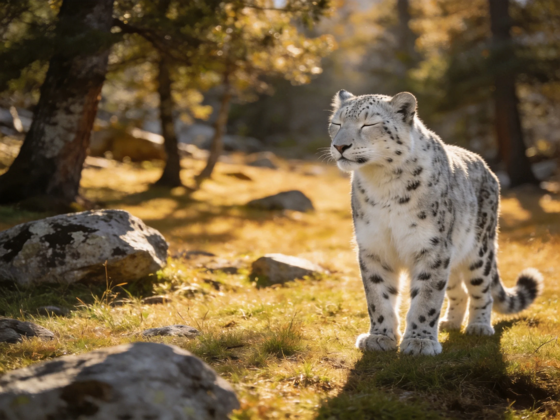 A snow leopard roams a sunlit forest with rocky terrain