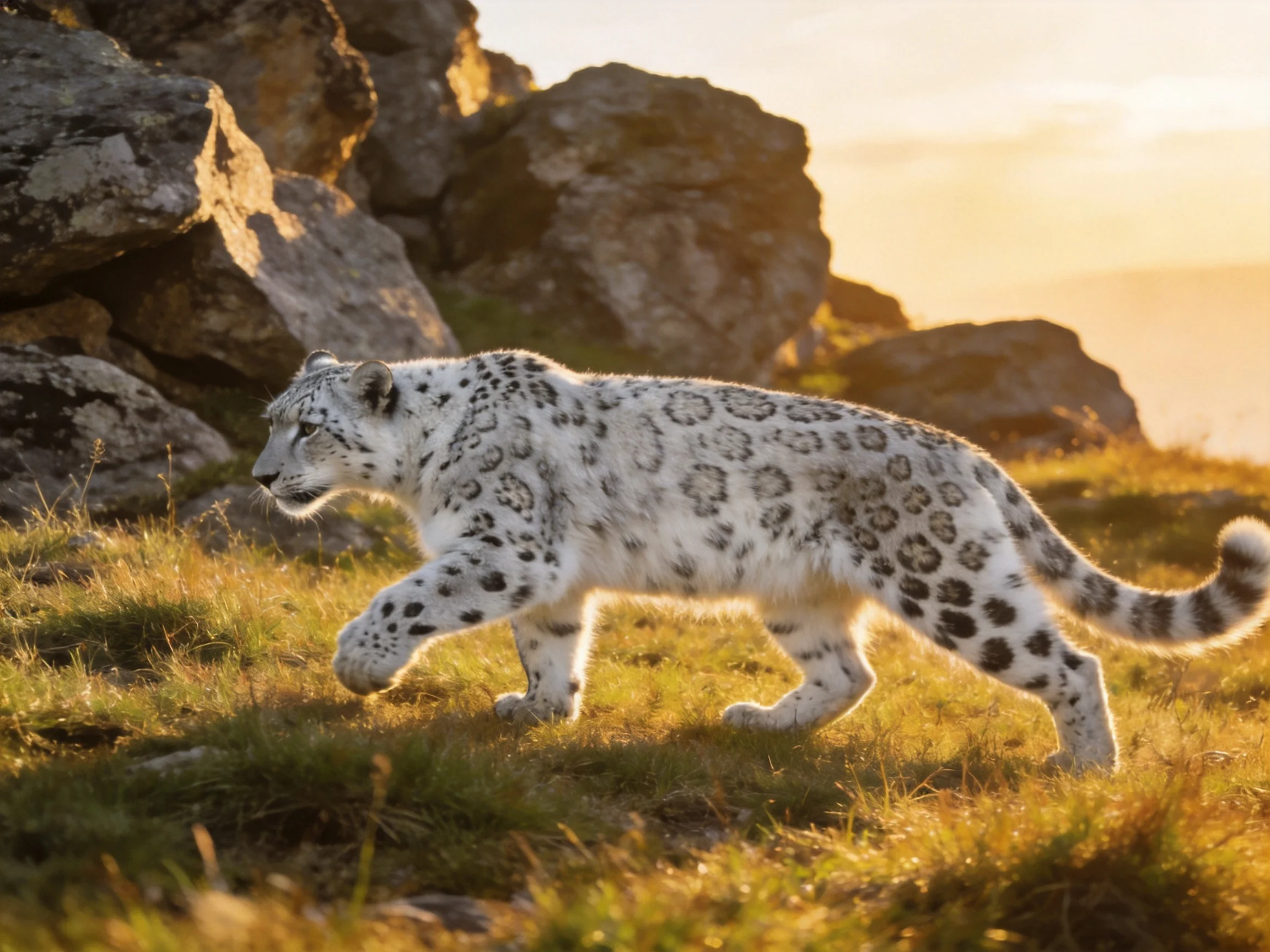 A snow leopard roams rocky terrain with golden grass under sunset light