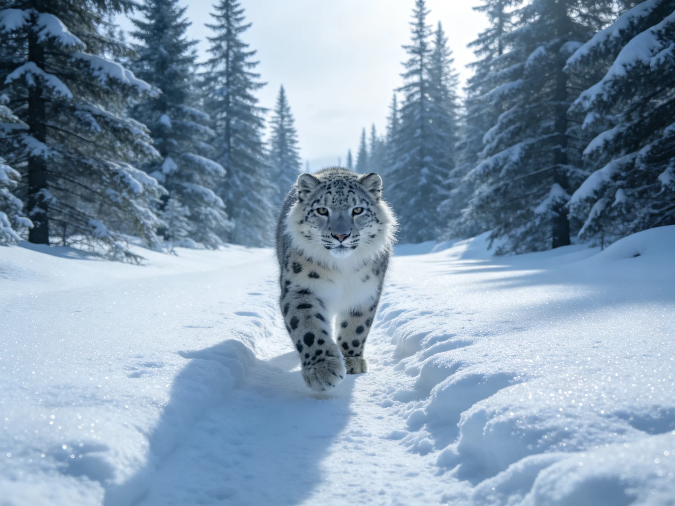 A snow leopard traverses a snowy forest path amid tall evergreen trees