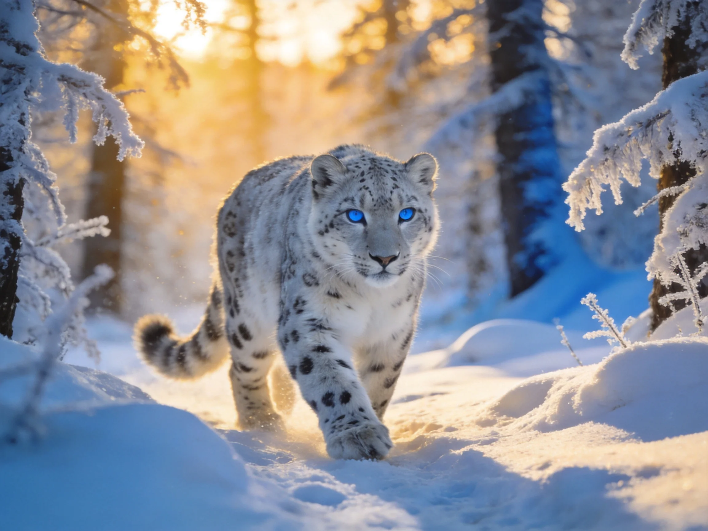 A snow leopard with bright blue eyes in a snowy forest