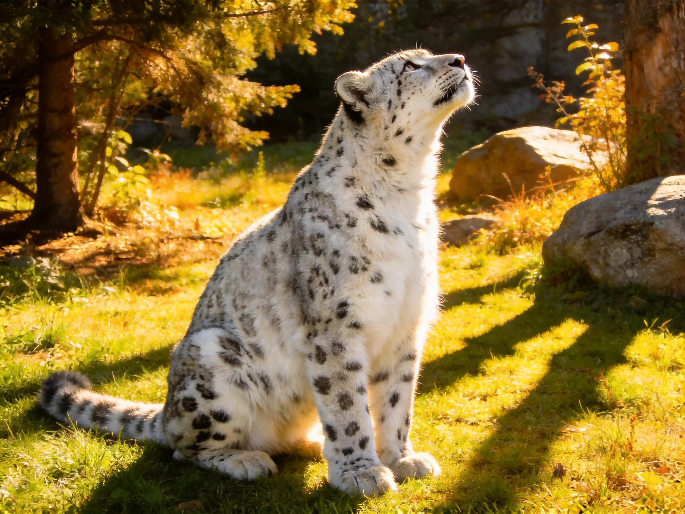 A snow leopard with spotted fur rests in a sunlit rocky habitat