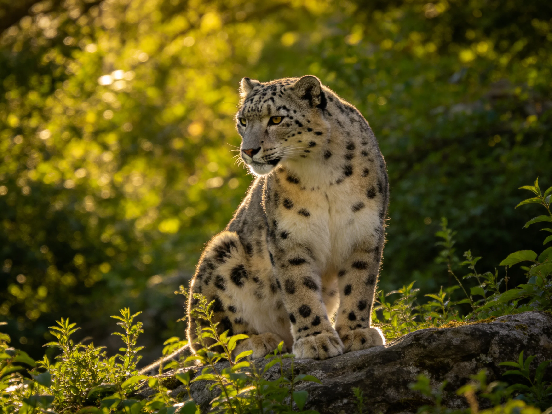 A snow leopard with spotted fur sits on a mossy rock among vibrant greenery under golden sunlight